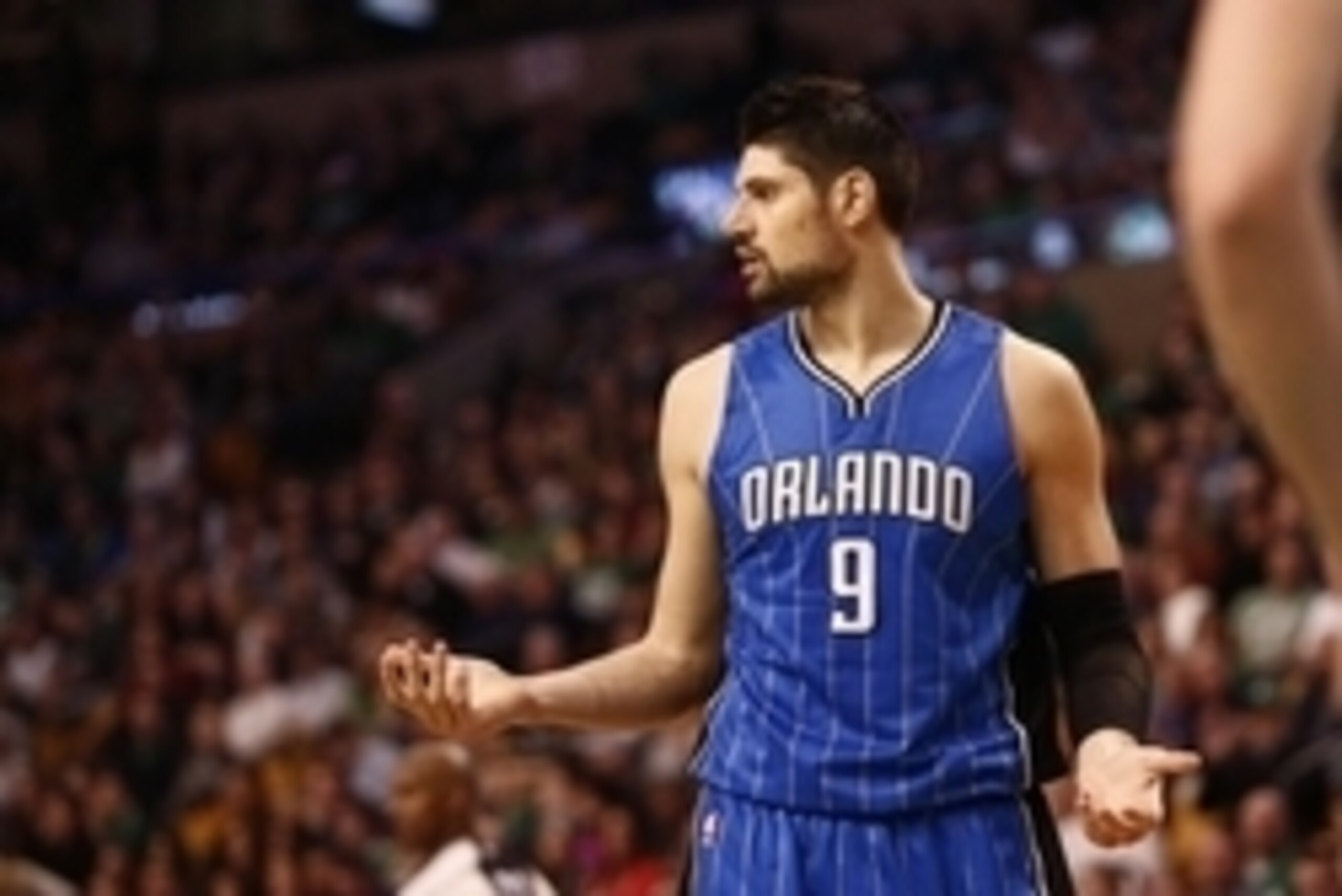 Jan 29, 2016; Boston, MA, USA; Orlando Magic center Nikola Vucevic (9) reacts against the Boston Celtics during the first half at TD Garden. Mandatory Credit: Mark L. Baer-USA TODAY Sports Jan 29, 2016; Boston, MA, USA; Orlando Magic center Nikola Vucevic (9) reacts against the Boston Celtics during the first half at TD Garden. Mandatory Credit: Mark L. Baer-USA TODAY Sports