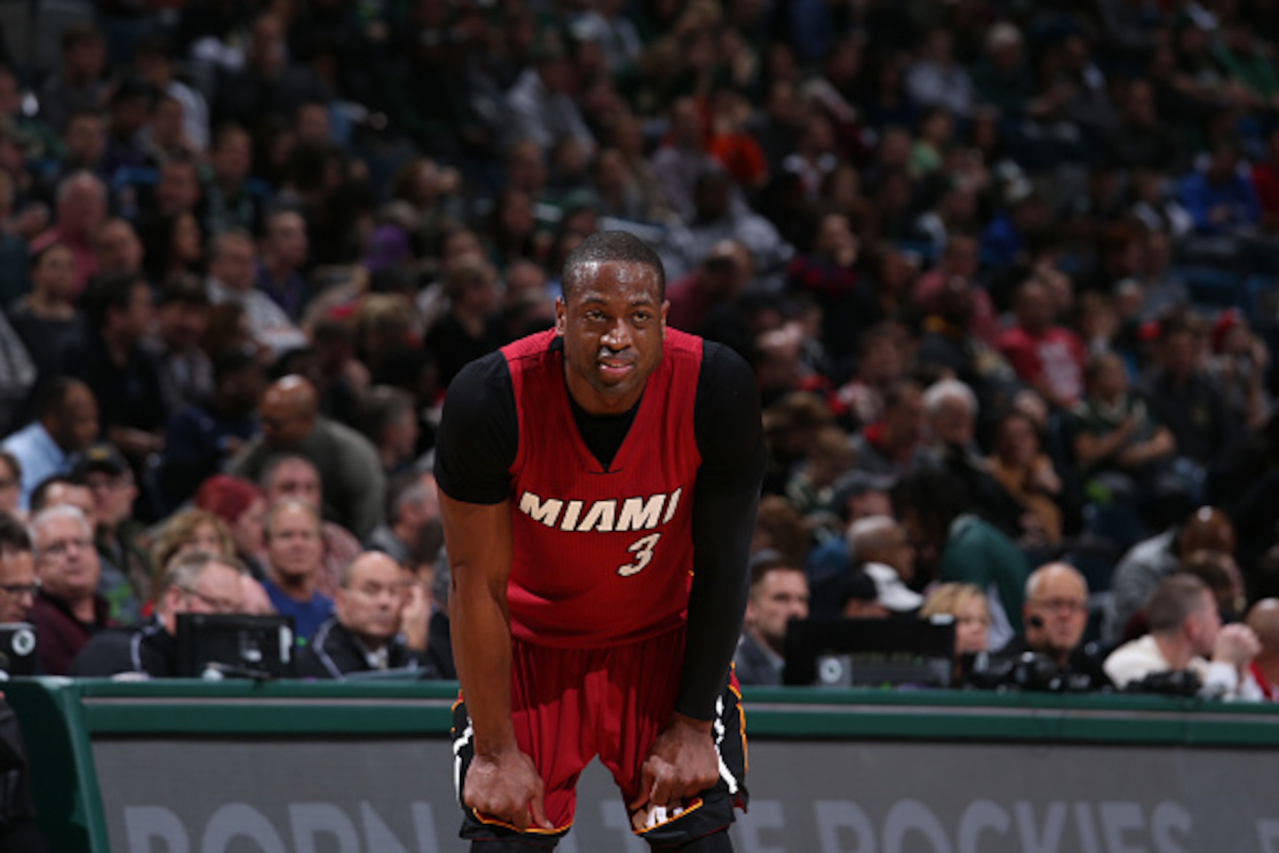 MILWAUKEE, WI - JANUARY 29: Dwyane Wade #3 of the Miami Heat looks on during the game against the Milwaukee Bucks on January 29, 2016 at the BMO Harris Bradley Center in Milwaukee, Wisconsin. NOTE TO USER: User expressly acknowledges and agrees that, by MILWAUKEE, WI - JANUARY 29: Dwyane Wade #3 of the Miami Heat looks on during the game against the Milwaukee Bucks on January 29, 2016 at the BMO Harris Bradley Center in Milwaukee, Wisconsin. NOTE TO USER: User expressly acknowledges and agrees that, by