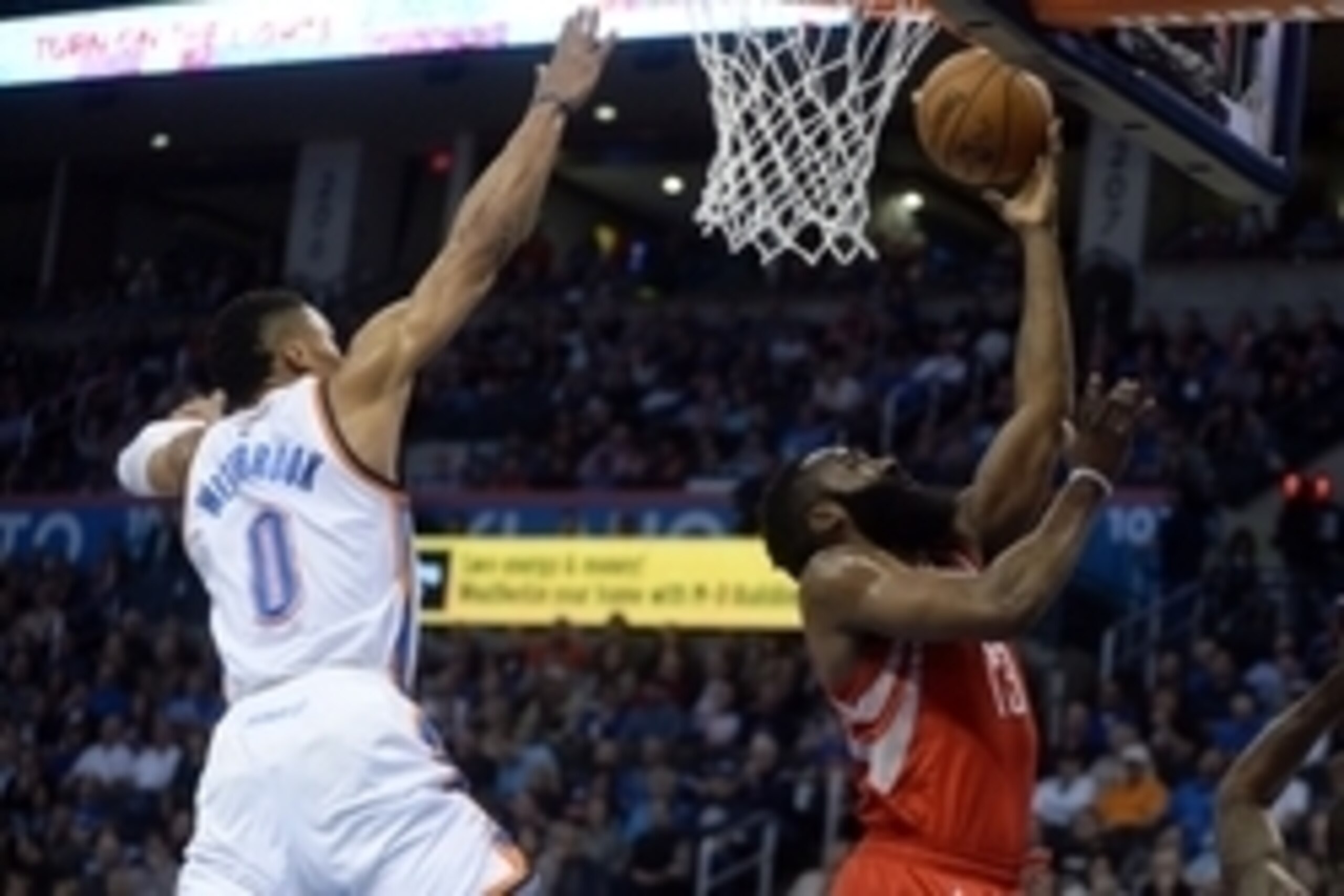 Jan 29, 2016; Oklahoma City, OK, USA; Oklahoma City Thunder guard Russell Westbrook (0) blocks a shot attempt by Houston Rockets guard James Harden (13) at Chesapeake Energy Arena. Mandatory Credit: Mark D. Smith-USA TODAY Sports Jan 29, 2016; Oklahoma City, OK, USA; Oklahoma City Thunder guard Russell Westbrook (0) blocks a shot attempt by Houston Rockets guard James Harden (13) at Chesapeake Energy Arena. Mandatory Credit: Mark D. Smith-USA TODAY Sports