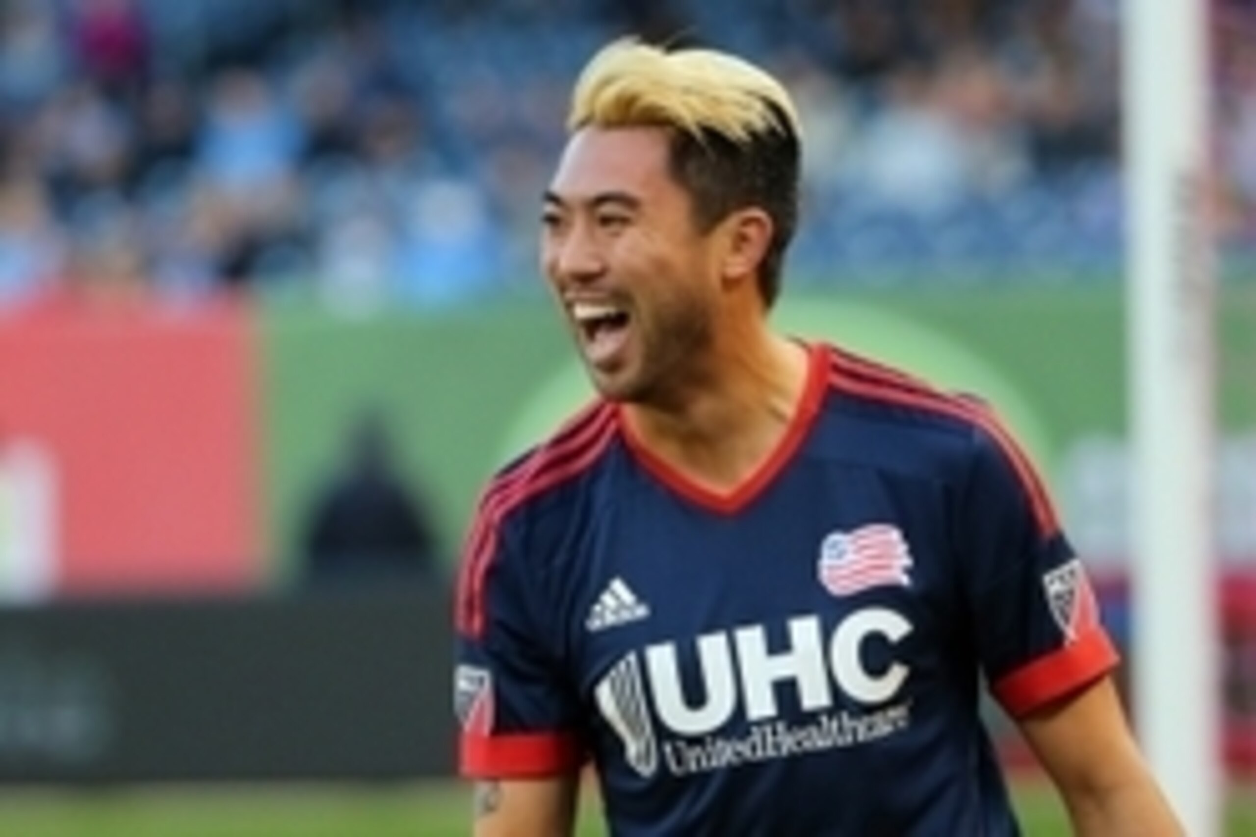 Oct 25, 2015; New York, NY, USA; New England Revolution midfielder/forward Lee Nguyen (24) celebrates his goal during the first half against the New York City FC at Yankee Stadium. Mandatory Credit: Anthony Gruppuso-USA TODAY Sports