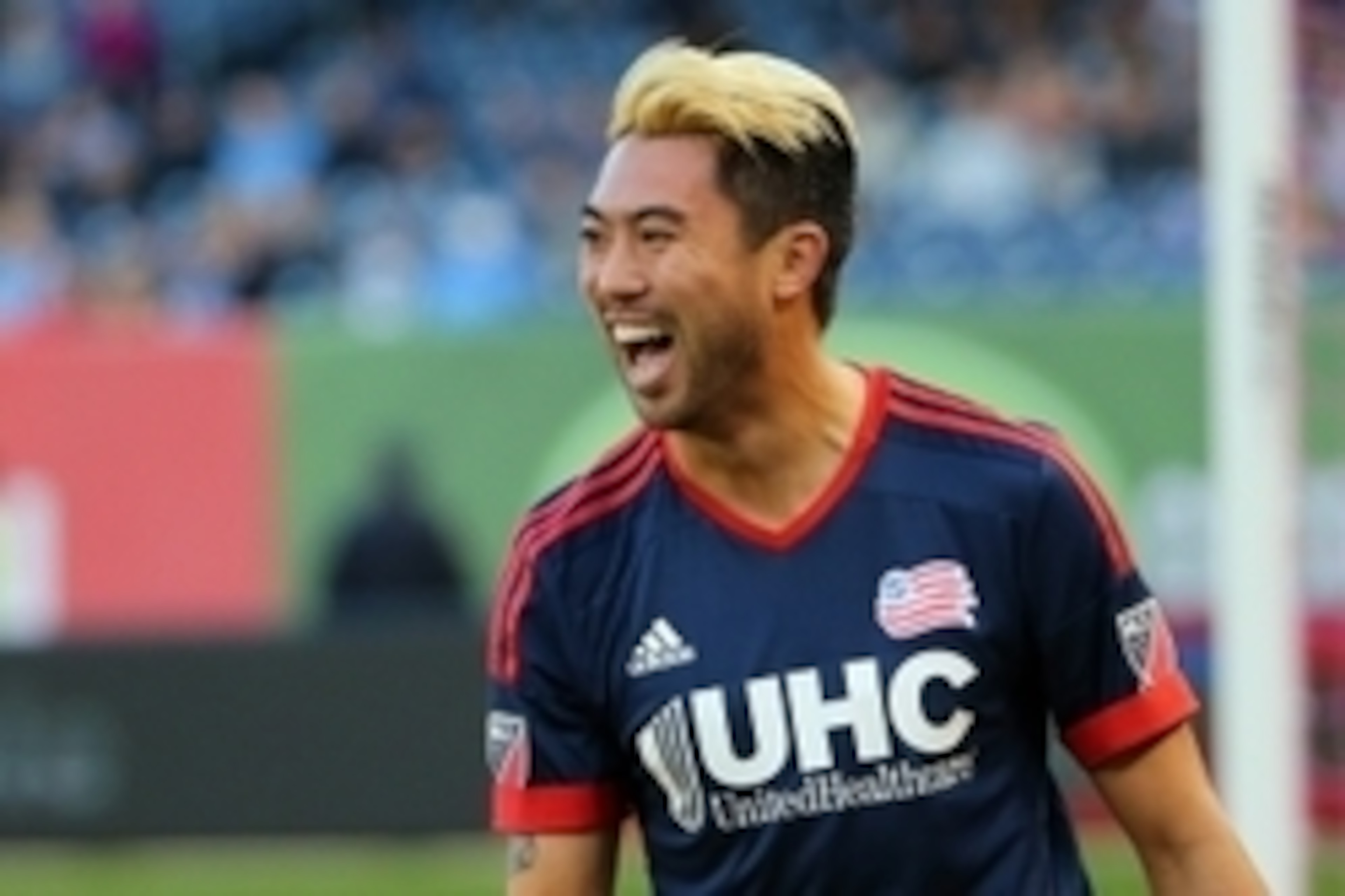 Oct 25, 2015; New York, NY, USA; New England Revolution midfielder/forward Lee Nguyen (24) celebrates his goal during the first half against the New York City FC at Yankee Stadium. Mandatory Credit: Anthony Gruppuso-USA TODAY Sports
