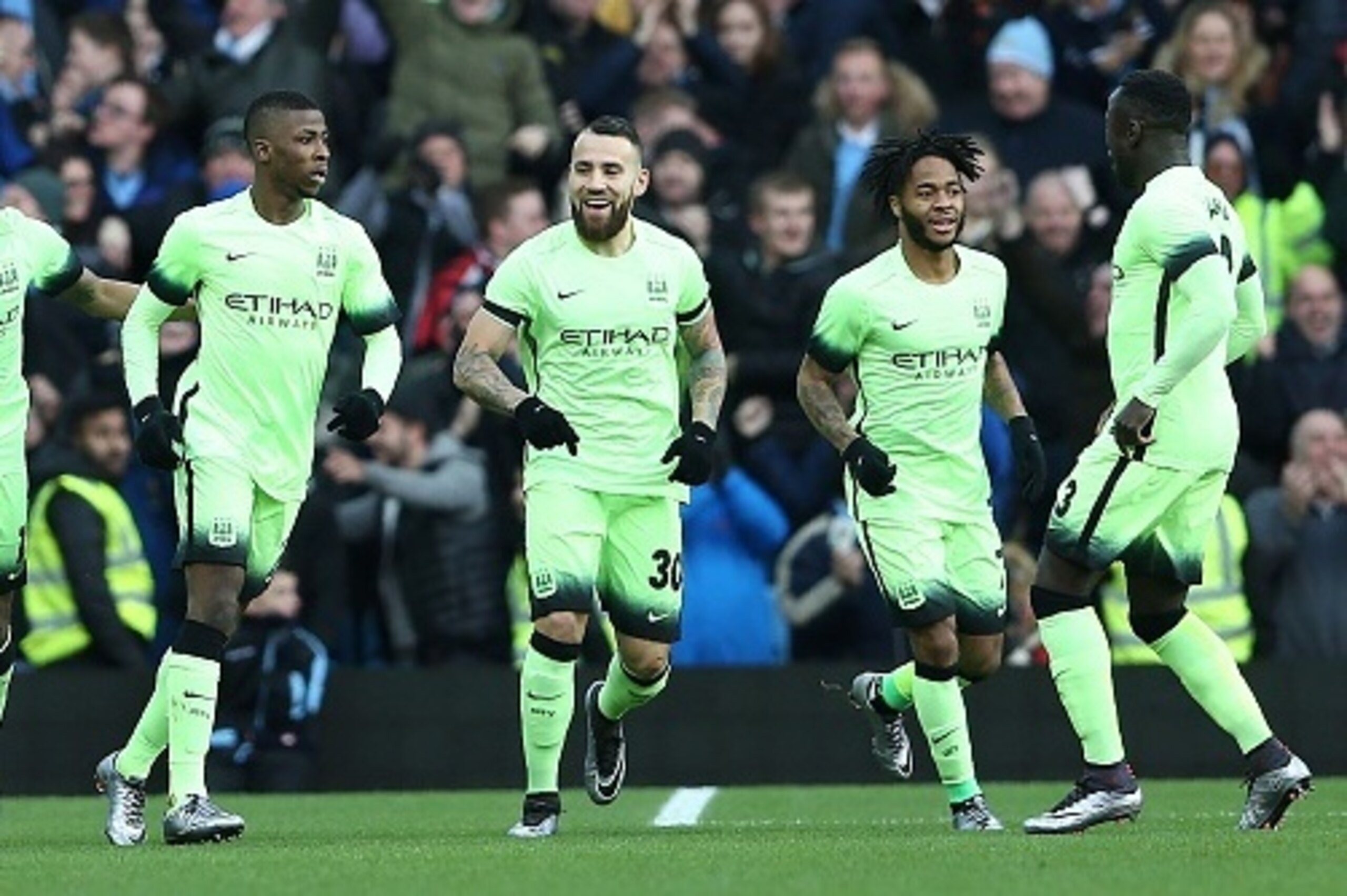 Manchester City's Nigerian striker Kelechi Iheanacho (2nd L) celebrates after scoring his team's first goal during the English FA Cup fourth round football match between Aston Villa and Manchester City at Villa Park in Birmingham, central England, on Janu