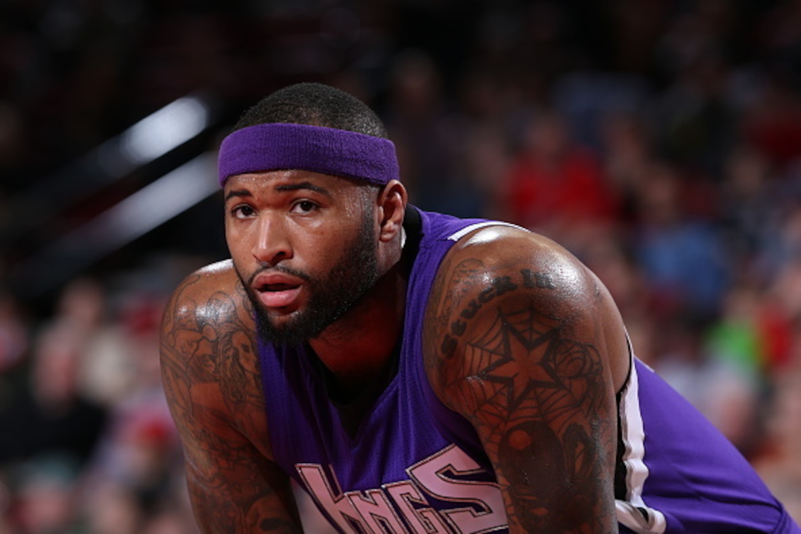 PORTLAND, OR - JANUARY 26: DeMarcus Cousins #15 of the Sacramento Kings looks on during the game against the Portland Trail Blazers on January 26, 2016 at the Moda Center Arena in Portland, Oregon. NOTE TO USER: User expressly acknowledges and agrees that