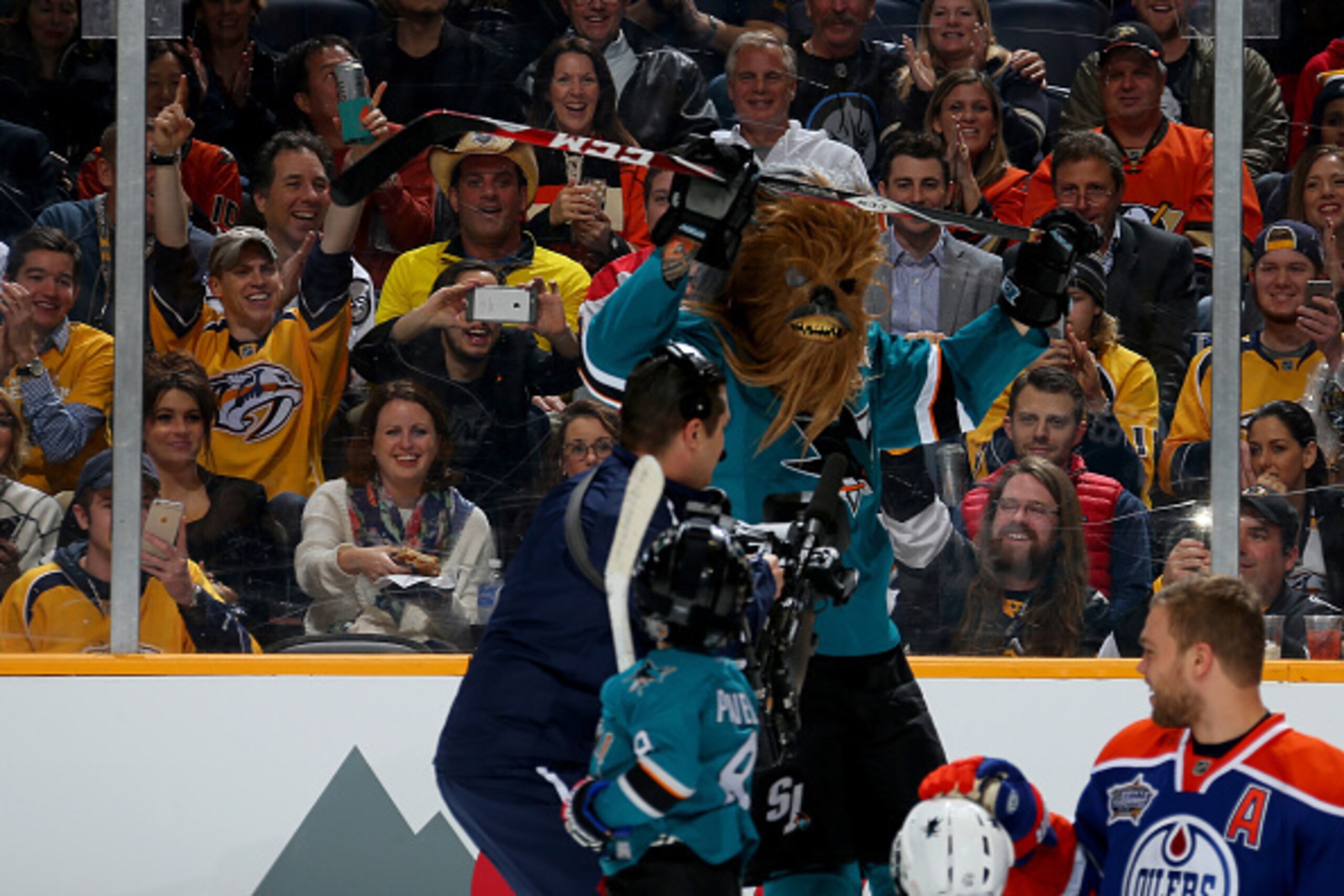 NASHVILLE, TN - JANUARY 30:  Brent Burns #88 of the San Jose Sharks reacts in the Honda NHL Breakaway Challenge during the 2016 Honda NHL All-Star Skill Competition at Bridgestone Arena on January 30, 2016 in Nashville, Tennessee.  (Photo by Bruce Bennett