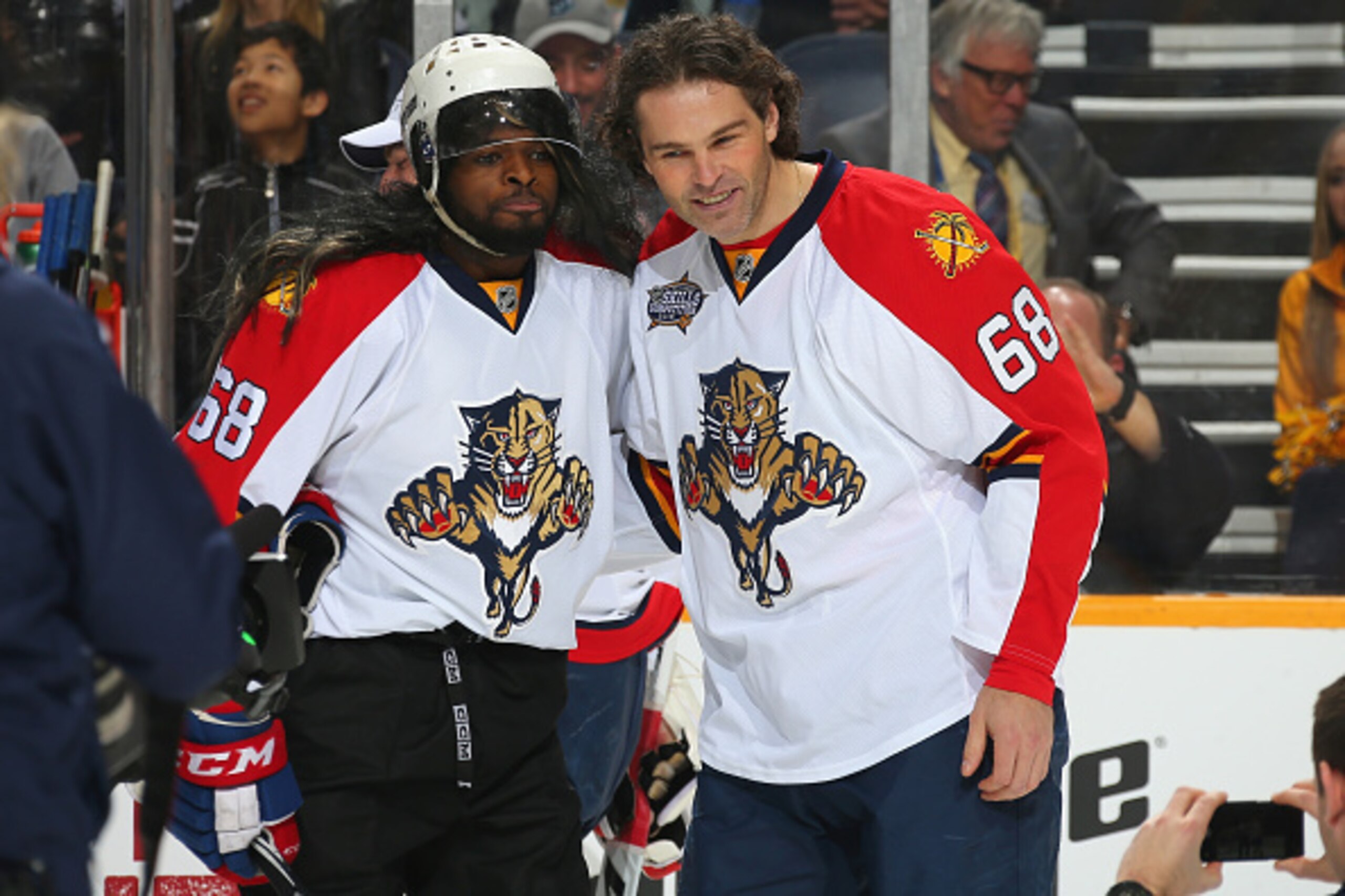 NASHVILLE, TN - JANUARY 30:  P.K. Subban #76 of the Montreal Canadiens (L) poses with Jaromir Jagr #68 of the Florida Panthers during the Honda NHL Breakaway Challenge during the 2016 Honda NHL All-Star Skill Competition at Bridgestone Arena on January 30