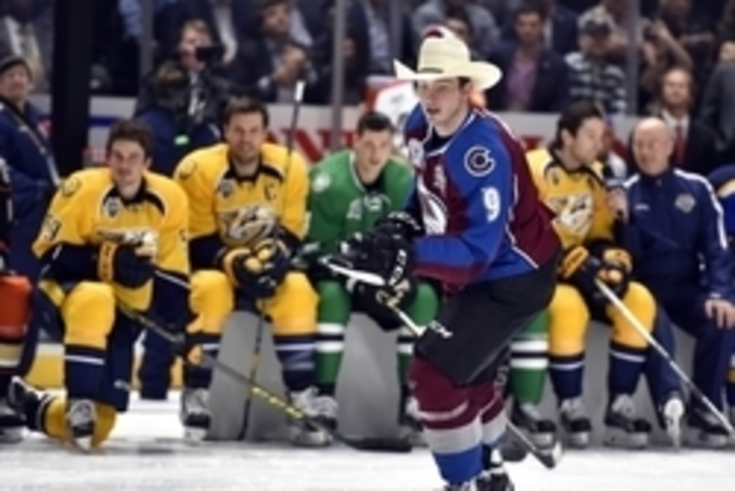 Jan 30, 2016; Nashville, TN, USA; Central Division forward Matt Duchene (9) of the Colorado Avalanche skates with a cowboy hat during the breakaway challenge during the 2016 NHL All Star Game Skills Competition at Bridgestone Arena. Mandatory Credit: Chri