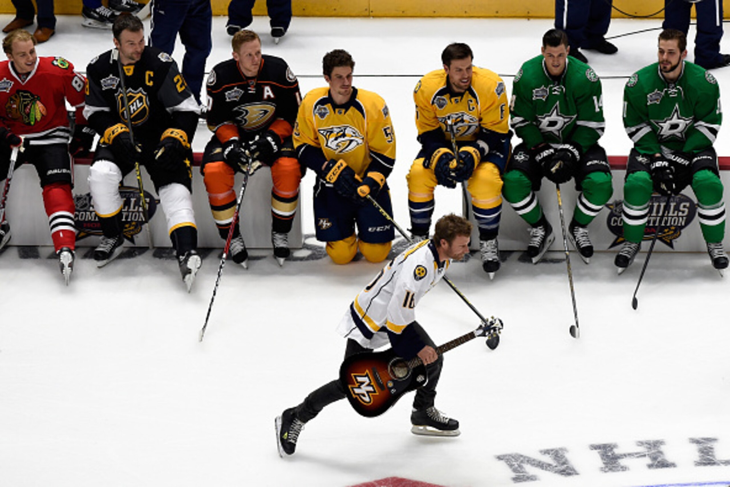 NASHVILLE, TN - JANUARY 30:  Country music artist Dierks Bentley skates during the 2016 Honda NHL All-Star Skill Competition at Bridgestone Arena on January 30, 2016 in Nashville, Tennessee.  (Photo by Sanford Myers/Getty Images)