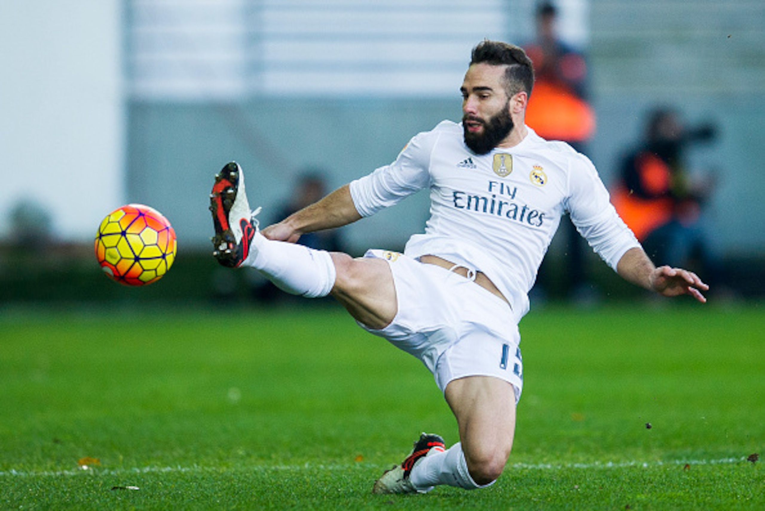 EIBAR, SPAIN - NOVEMBER 29: Daniel Carvajal of Real Madrid controls the ball during the La Liga match between SD Eibar and Real Madrid at Ipurua Municipal Stadium on November 29, 2015 in Eibar, Spain.  (Photo by Juan Manuel Serrano Arce/Getty Images)