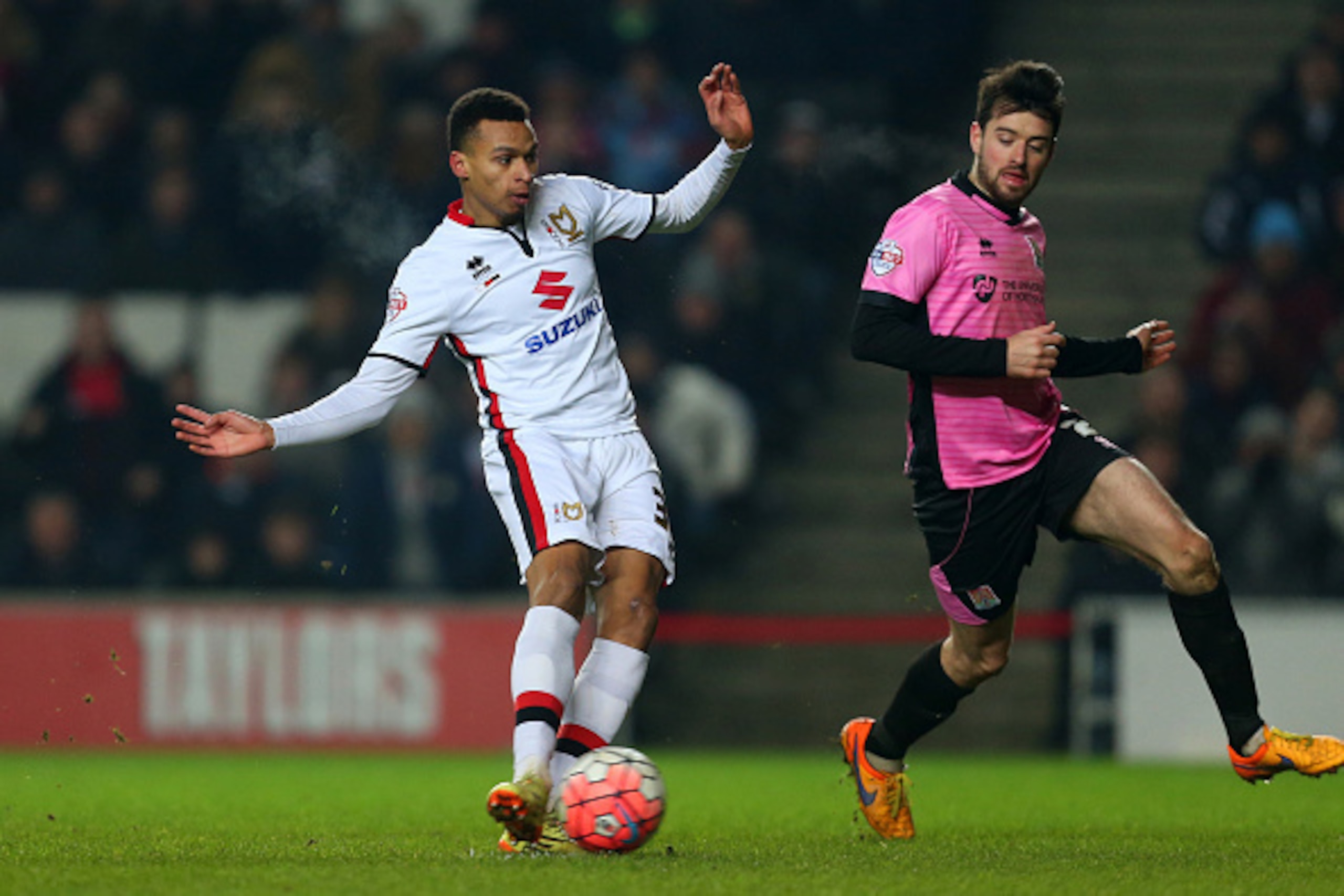 MILTON KEYNES, ENGLAND - JANUARY 19:  Josh Murphy of MK Dons scores a goal to make it 2-0 during the Emirates FA Cup match between MK Dons and Northampton Town at Stadium mk on January 19, 2016 in Milton Keynes, England.  (Photo by Catherine Ivill - AMA/G