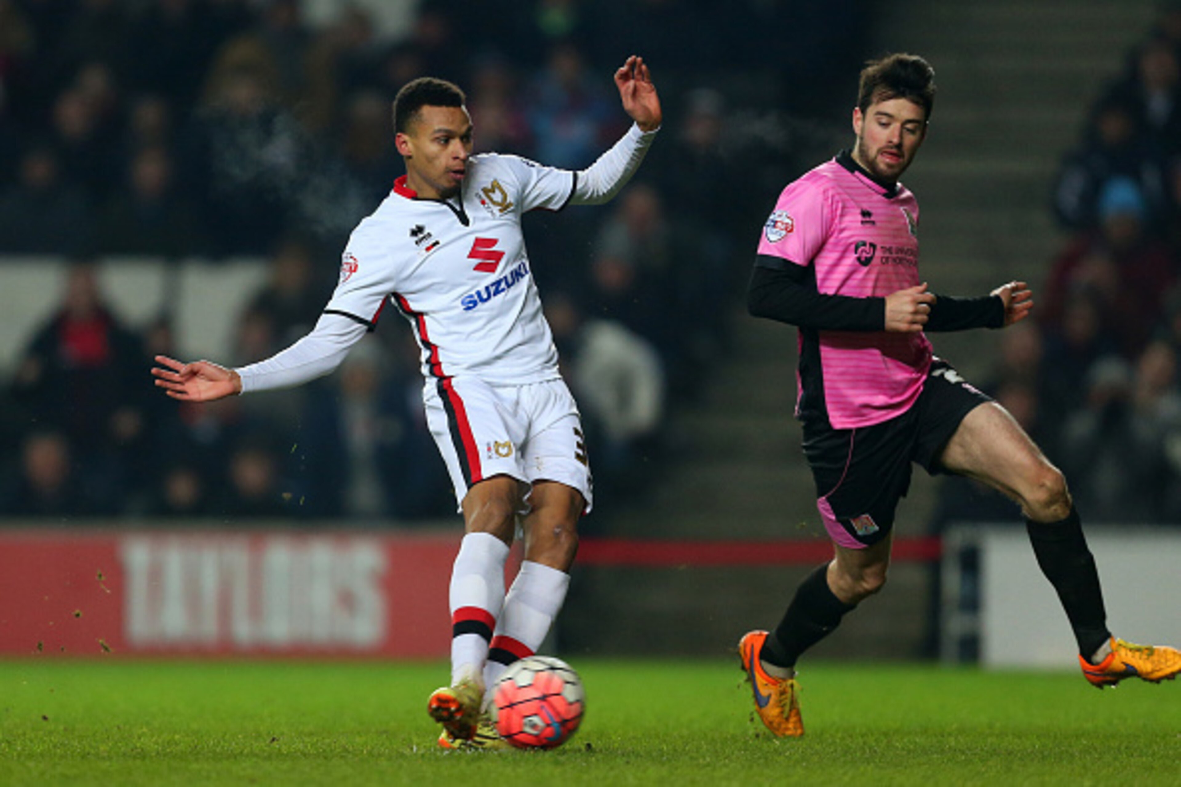 MILTON KEYNES, ENGLAND - JANUARY 19:  Josh Murphy of MK Dons scores a goal to make it 2-0 during the Emirates FA Cup match between MK Dons and Northampton Town at Stadium mk on January 19, 2016 in Milton Keynes, England.  (Photo by Catherine Ivill - AMA/G