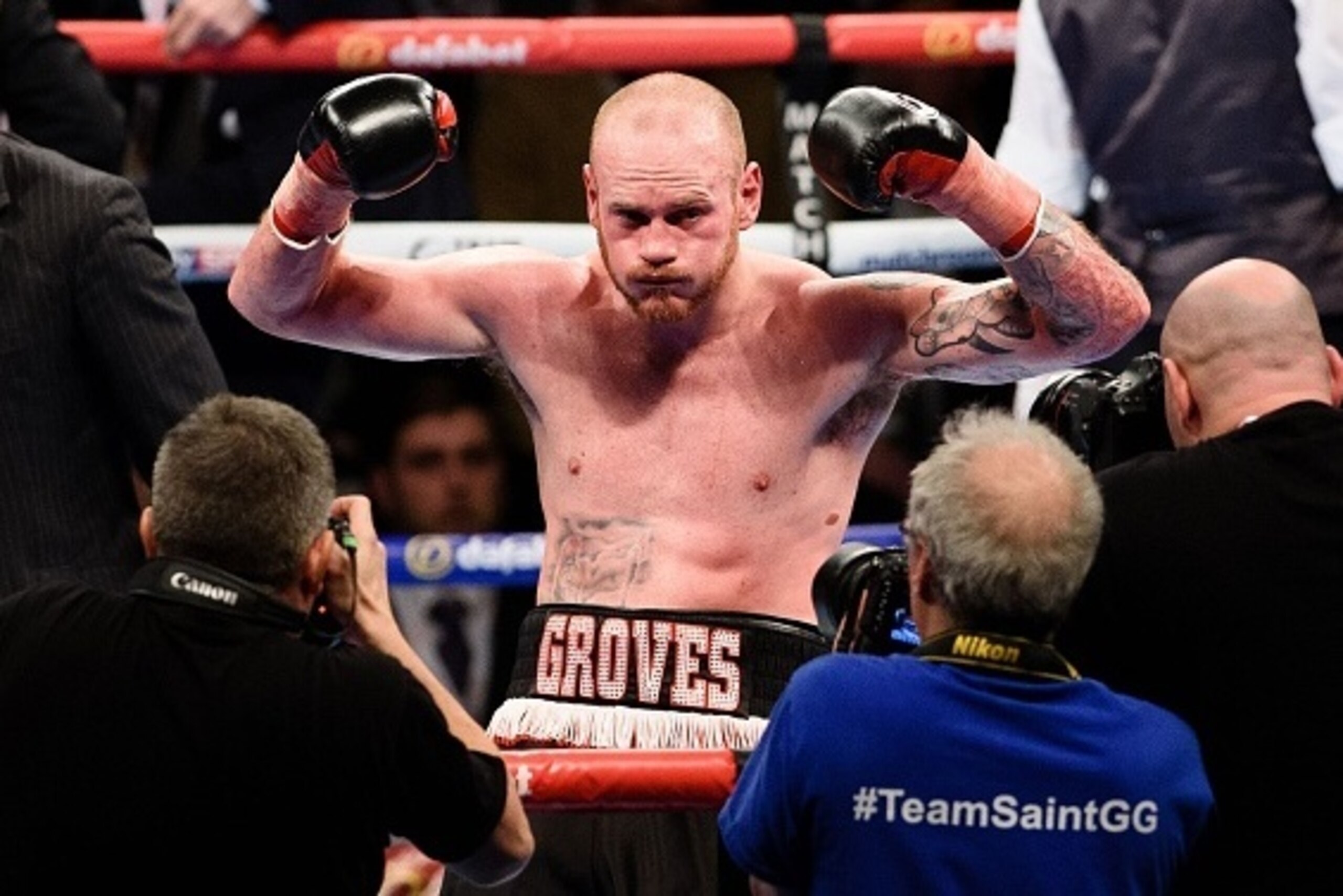 British boxer George Groves poses for photographers after defeating Italian boxer Andrea Di Luisa during their International Super-Middleweight contest in east London, England on January 30, 2016.  / AFP / LEON NEAL        (Photo credit should read LEON N