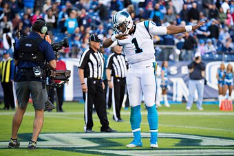 NASHVILLE, TN - NOVEMBER 15:  Cam Newton #1 of the Carolina Panthers does his touchdown dance after scoring a touchdown against the Tennessee Titans at Nissan Stadium on November 15, 2015 in Nashville, Tennessee.  (Photo by Wesley Hitt/Getty Images)