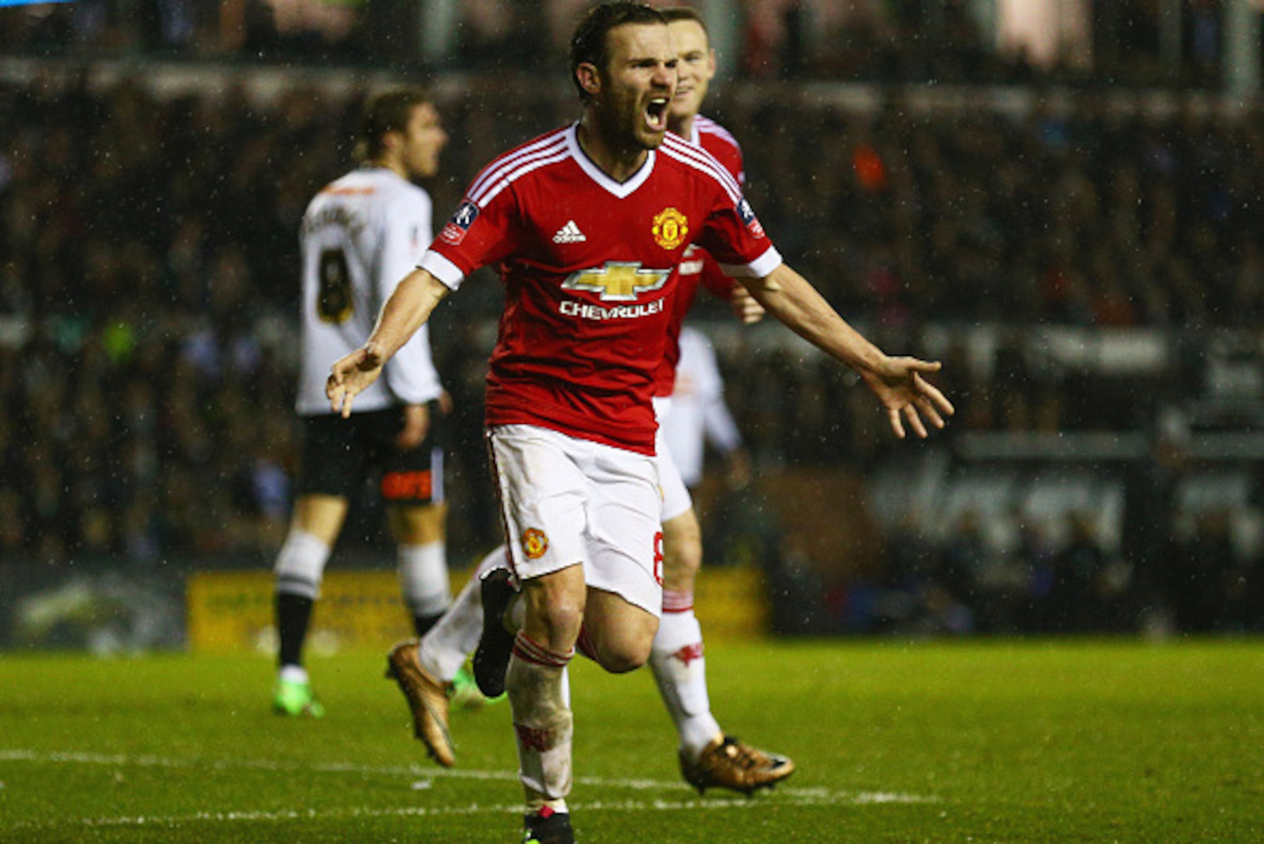 DERBY, ENGLAND - JANUARY 29:  Juan Mata of Manchester United celebrates as he scores their third goal during the Emirates FA Cup fourth round match between Derby County and Manchester United at iPro Stadium on January 29, 2016 in Derby, England.  (Photo b