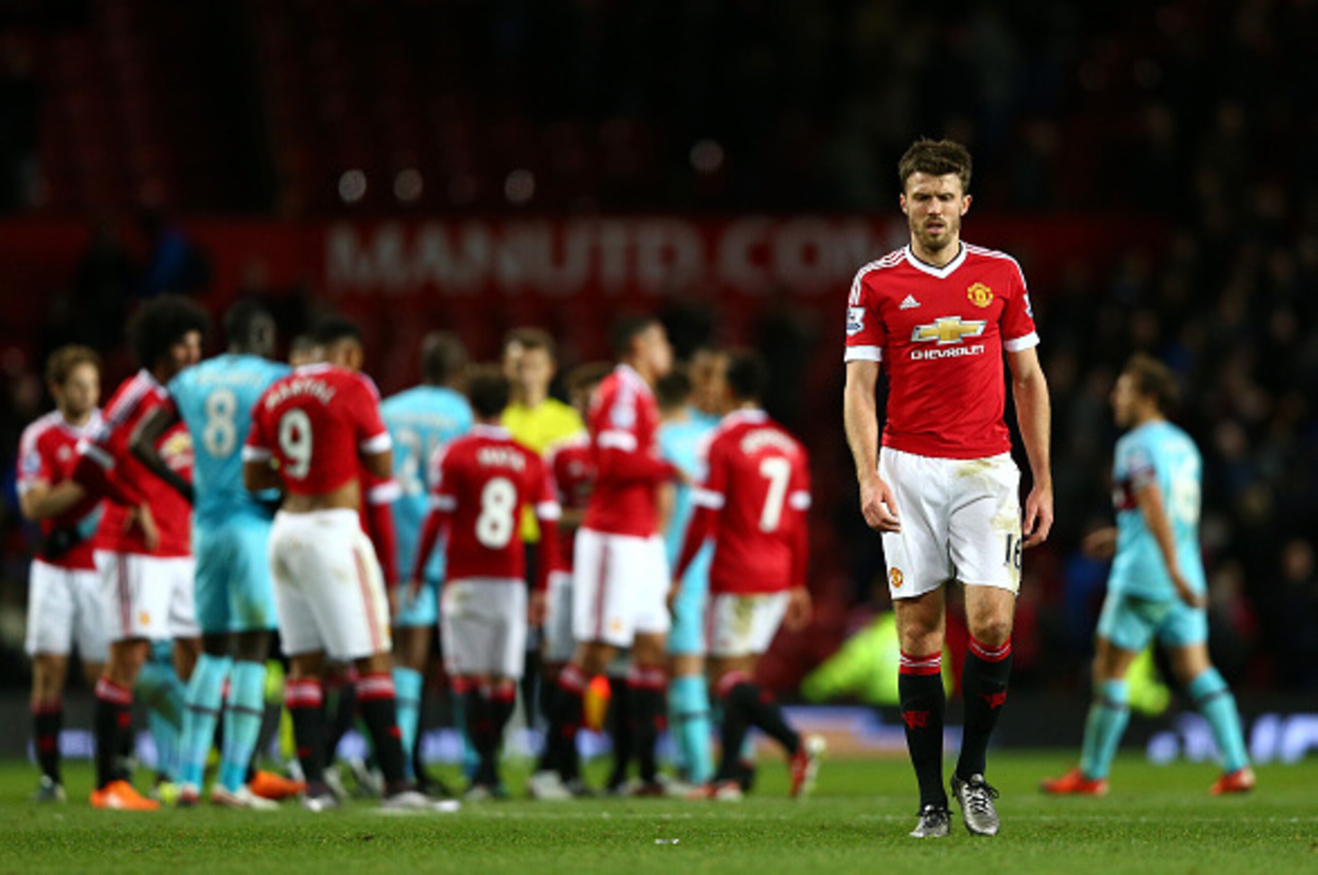 MANCHESTER, ENGLAND - DECEMBER 05: Michael Carrick of Manchester United reacts after the Barclays Premier League match between Manchester United and West Ham United at Old Trafford on December 5, 2015 in Manchester, England.  (Photo by Clive Brunskill/Get