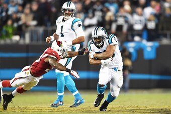 CHARLOTTE, NC - JANUARY 24:  Running back Jonathan Stewart #28 of the Carolina Panthers carries the ball during the NFC Championship Game against the Arizona Cardinals  at Bank of America Stadium on January 24, 2016 in Charlotte, North Carolina.  (Photo b
