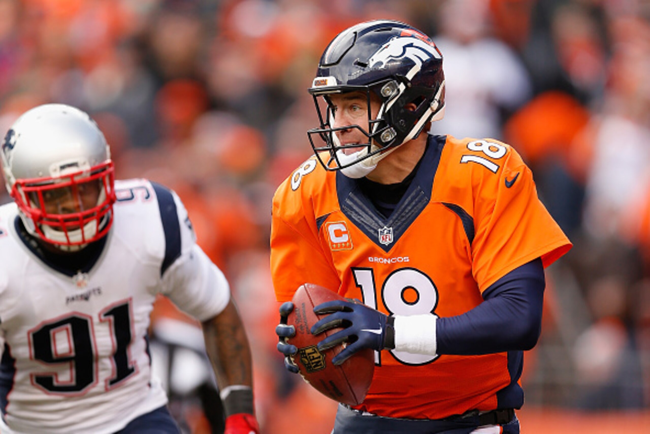 DENVER, CO - JANUARY 24:  Quarterback Peyton Manning #18 of the Denver Broncos looks to pass during the AFC Championship game against the New England Patriots at Sports Authority Field at Mile High on January 24, 2016 in Denver, Colorado. The Broncos defe