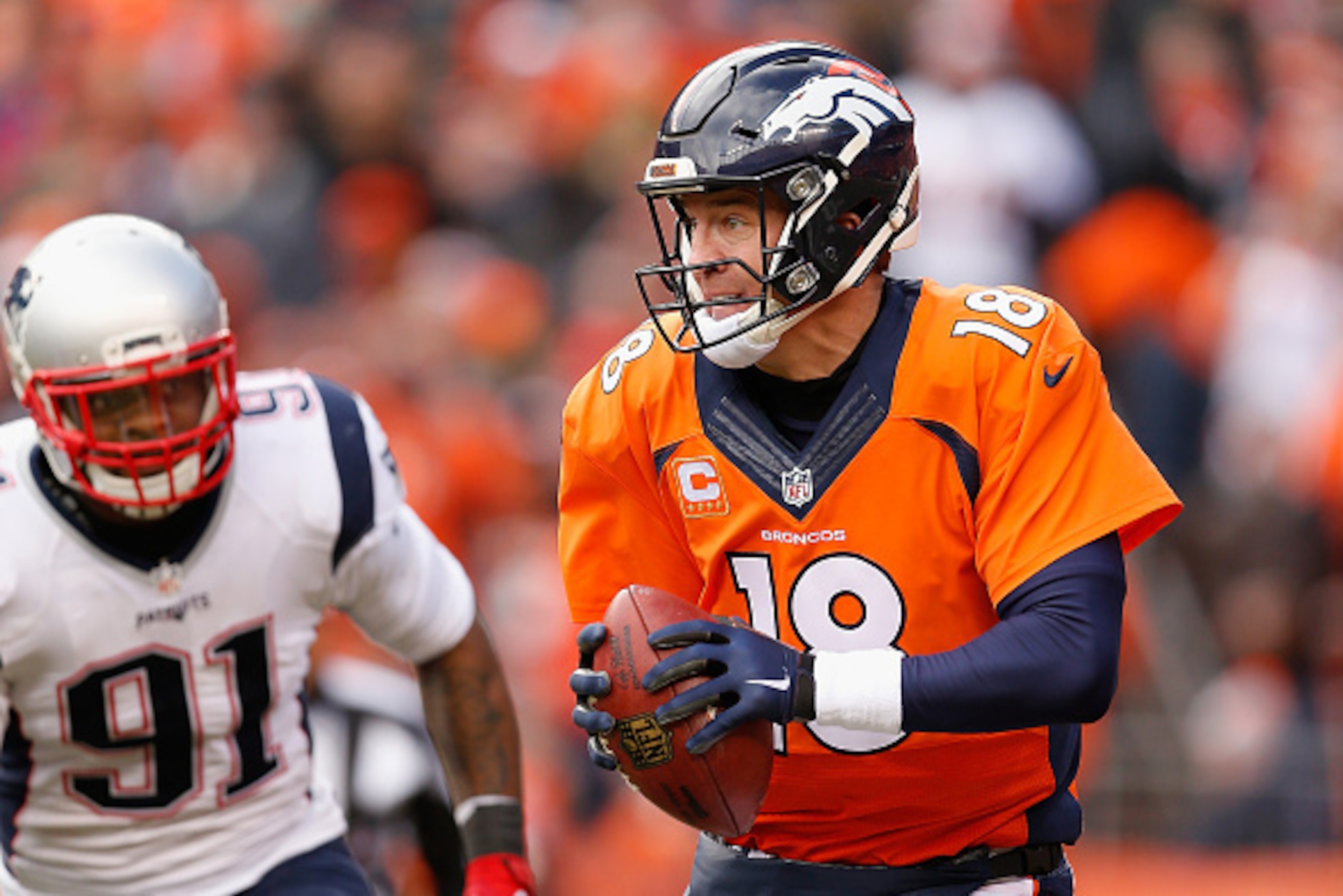 DENVER, CO - JANUARY 24:  Quarterback Peyton Manning #18 of the Denver Broncos looks to pass during the AFC Championship game against the New England Patriots at Sports Authority Field at Mile High on January 24, 2016 in Denver, Colorado. The Broncos defe