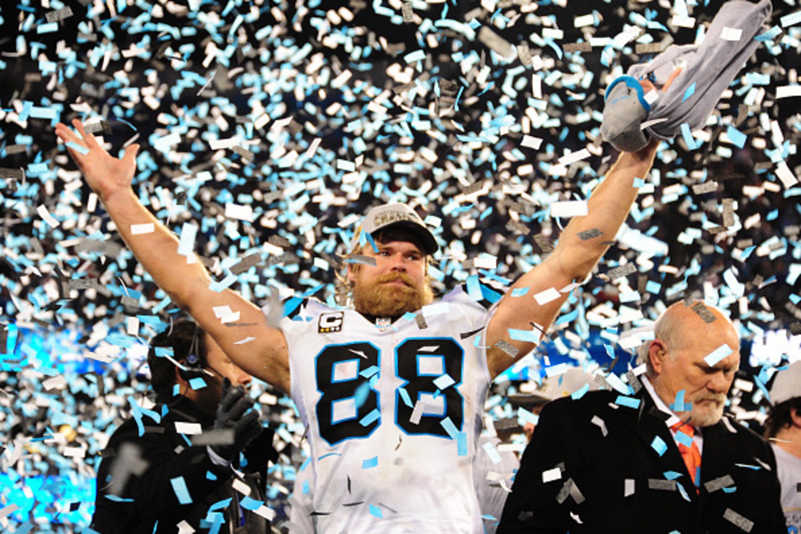 CHARLOTTE, NC - JANUARY 24: Greg Olsen #88 of the Carolina Panthers celebrates after the NFC Championship Game against the Arizona Cardinals at Bank Of America Stadium on January 24, 2016 in Charlotte, North Carolina. (Photo by Scott Cunningham/Getty Imag CHARLOTTE, NC - JANUARY 24: Greg Olsen #88 of the Carolina Panthers celebrates after the NFC Championship Game against the Arizona Cardinals at Bank Of America Stadium on January 24, 2016 in Charlotte, North Carolina. (Photo by Scott Cunningham/Getty Imag