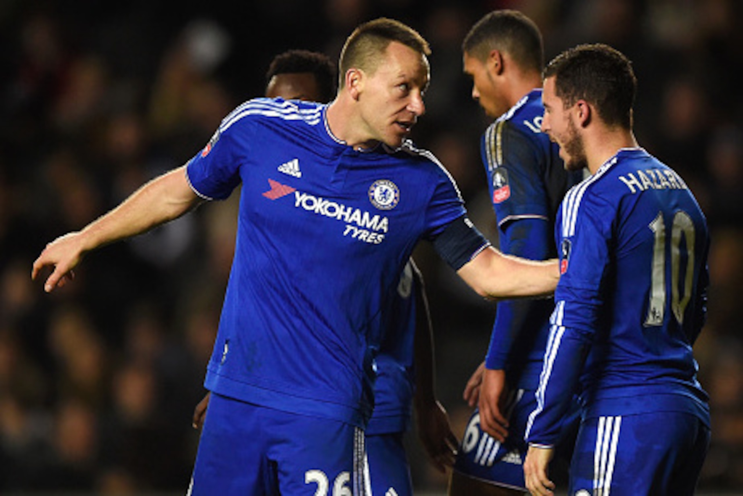 MILTON KEYNES, ENGLAND - JANUARY 31: Eden Hazard of Chelsea celebrates scoring his penalty with John Terry during the Emirates FA Cup Fourth Round match between Milton Keynes Dons and Chelsea at Stadium mk on January 31, 2016 in Milton Keynes, England. MILTON KEYNES, ENGLAND - JANUARY 31: Eden Hazard of Chelsea celebrates scoring his penalty with John Terry during the Emirates FA Cup Fourth Round match between Milton Keynes Dons and Chelsea at Stadium mk on January 31, 2016 in Milton Keynes, England.