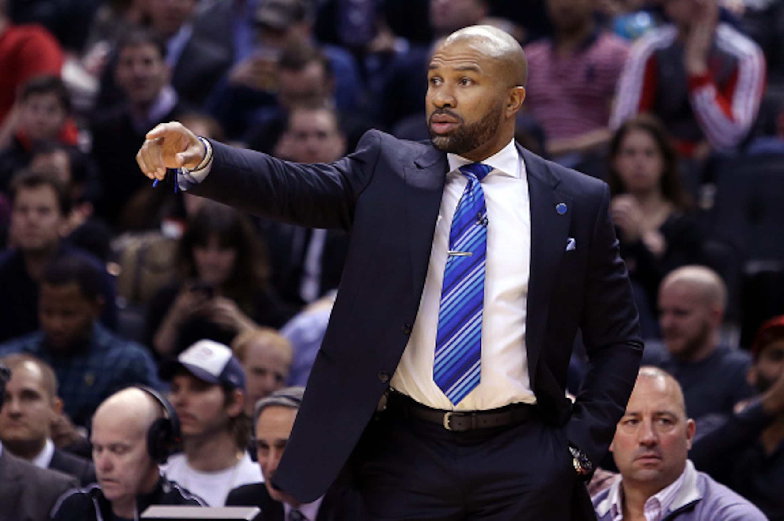 TORONTO, ON - JANUARY 28:  Head Coach Derek Fisher of the New York Knicks gestures to his players during an NBA game against the Toronto Raptors at the Air Canada Centre on January 28, 2016 in Toronto, Ontario, Canada.  NOTE TO USER: User expressly acknow