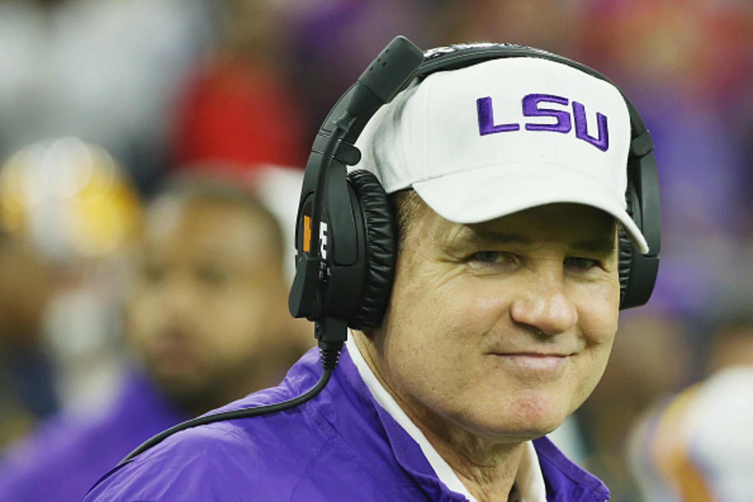 HOUSTON, TX - DECEMBER 29:  Head coach Les Miles of the LSU Tigers waits near the bench area before the start of their game against the Texas Tech Red Raiders during the AdvoCare V100 Texas Bowl at NRG Stadium on December 29, 2015 in Houston, Texas.  (Pho