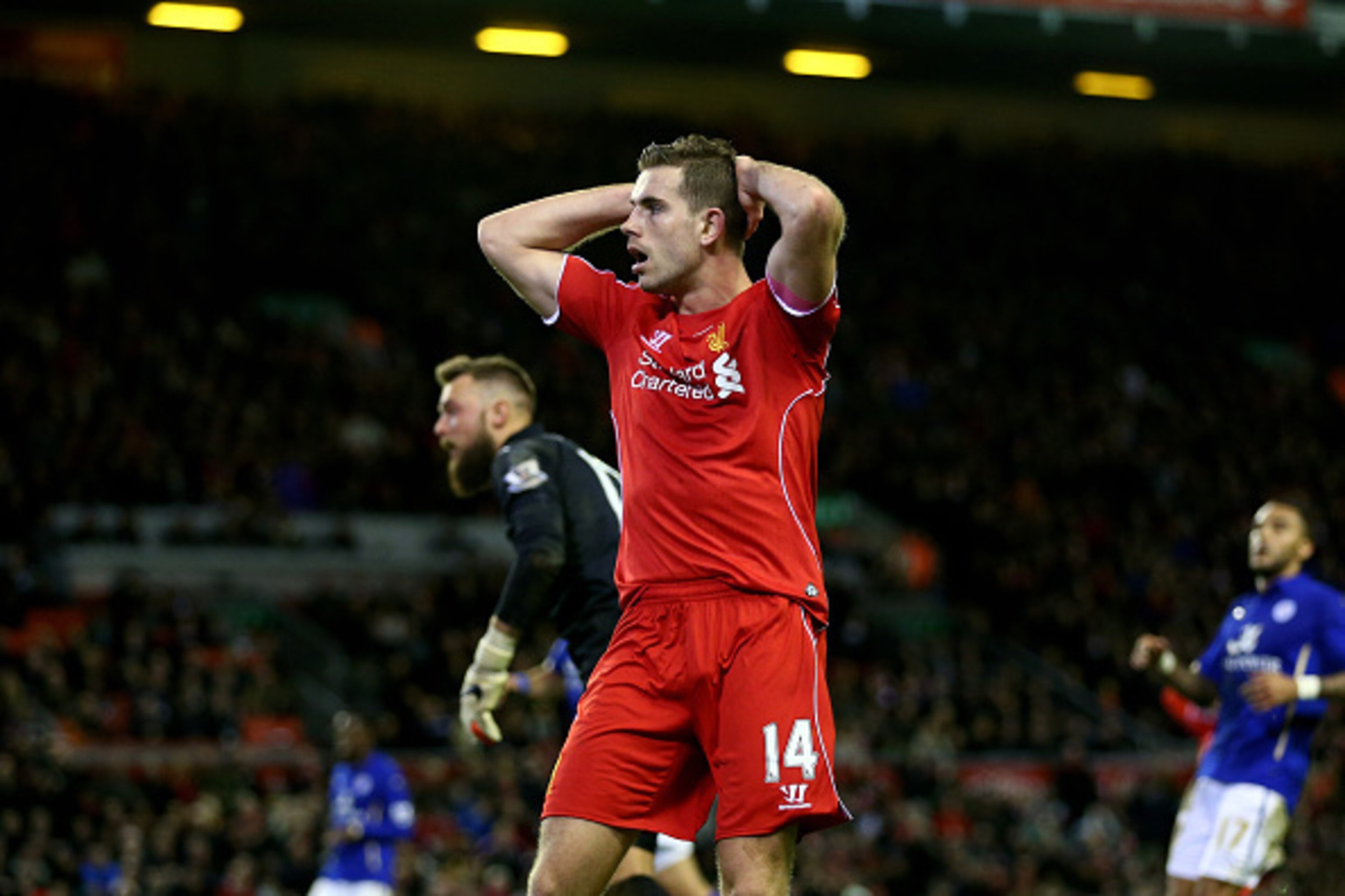 LIVERPOOL, ENGLAND - JANUARY 01: Jordan Henderson of Liverpool reacts after a missed chance on goal during the Barclays Premier League match between Liverpool and Leicester City at Anfield on January 1, 2015 in Liverpool, England. (Photo by Clive Brunsk LIVERPOOL, ENGLAND - JANUARY 01: Jordan Henderson of Liverpool reacts after a missed chance on goal during the Barclays Premier League match between Liverpool and Leicester City at Anfield on January 1, 2015 in Liverpool, England. (Photo by Clive Brunsk