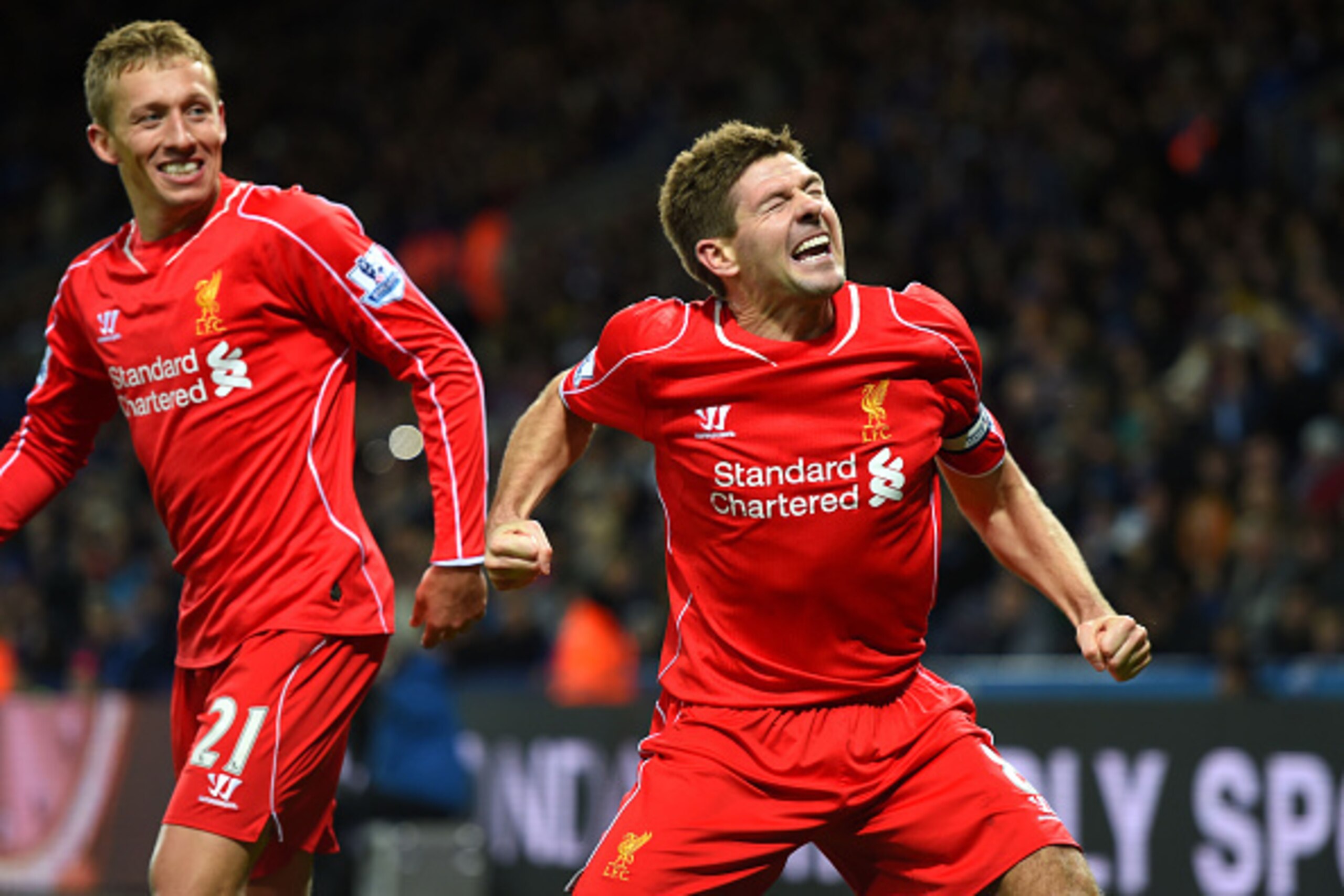 LEICESTER, ENGLAND - DECEMBER 02:  Steven Gerrard of Liverpool celebrates with teammate Lucas Leiva of Liverpool after scoring his team's second goal during the Barclays Premier League match between Leicester City and Liverpool at The King Power Stadium o