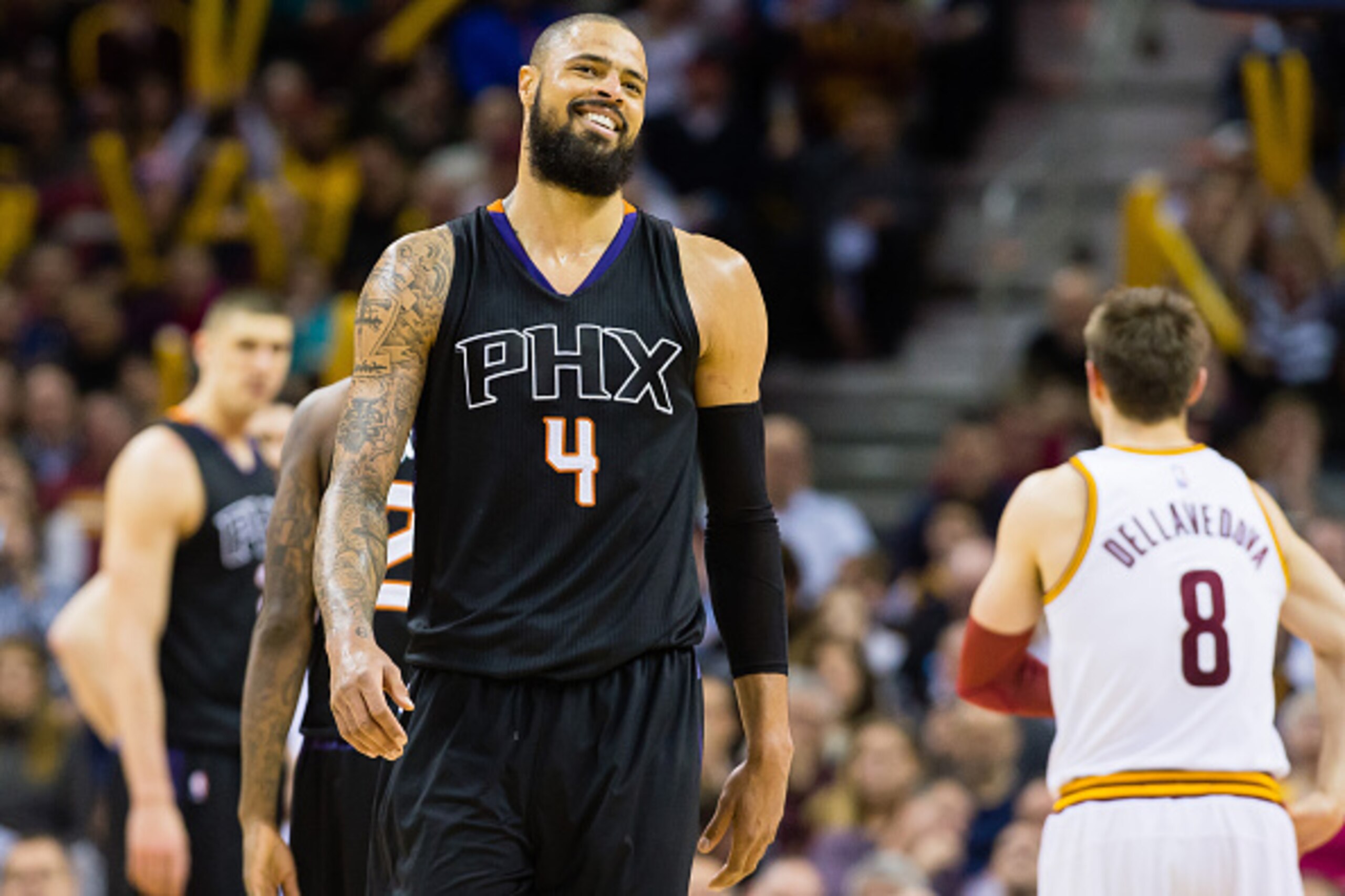 CLEVELAND, OH - JANUARY 27: Tyson Chandler #4 of the Phoenix Suns reacts after shooting an air ball during the first half against the Cleveland Cavaliers at Quicken Loans Arena on January 27, 2016 in Cleveland, Ohio. NOTE TO USER: User expressly acknowled