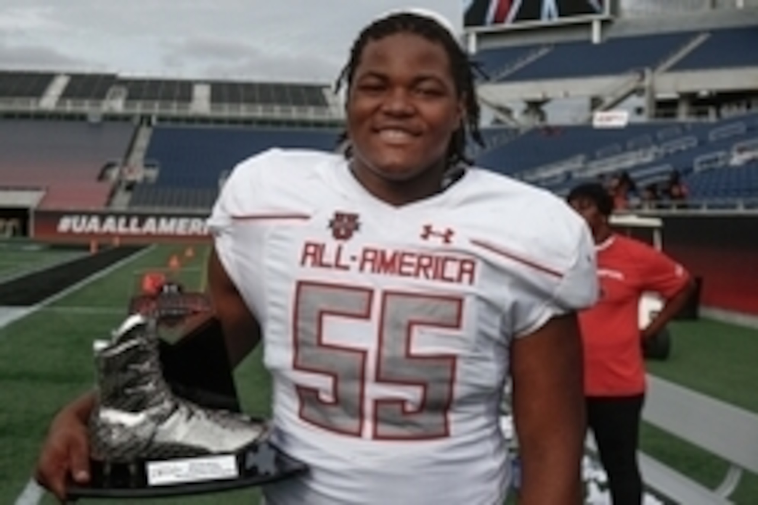 Jan 2, 2016; Orlando, FL, USA; Team Highlight player Rashan Gary won the defensive MVP trophy following the 2016 Under Armour All-American Game at Orlando Citrus Bowl. Team Highlight beat Team Armour 27-0. Mandatory Credit: Reinhold Matay-USA TODAY Sports
