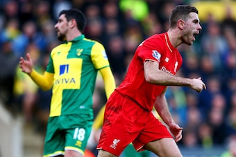 NORWICH, ENGLAND - JANUARY 23: Jordan Henderson of Liverpool celebrates scoring his team's second goal during the Barclays Premier League match between Norwich City and Liverpool at Carrow Road on January 23, 2016 in Norwich, England.  (Photo by Clive Mas