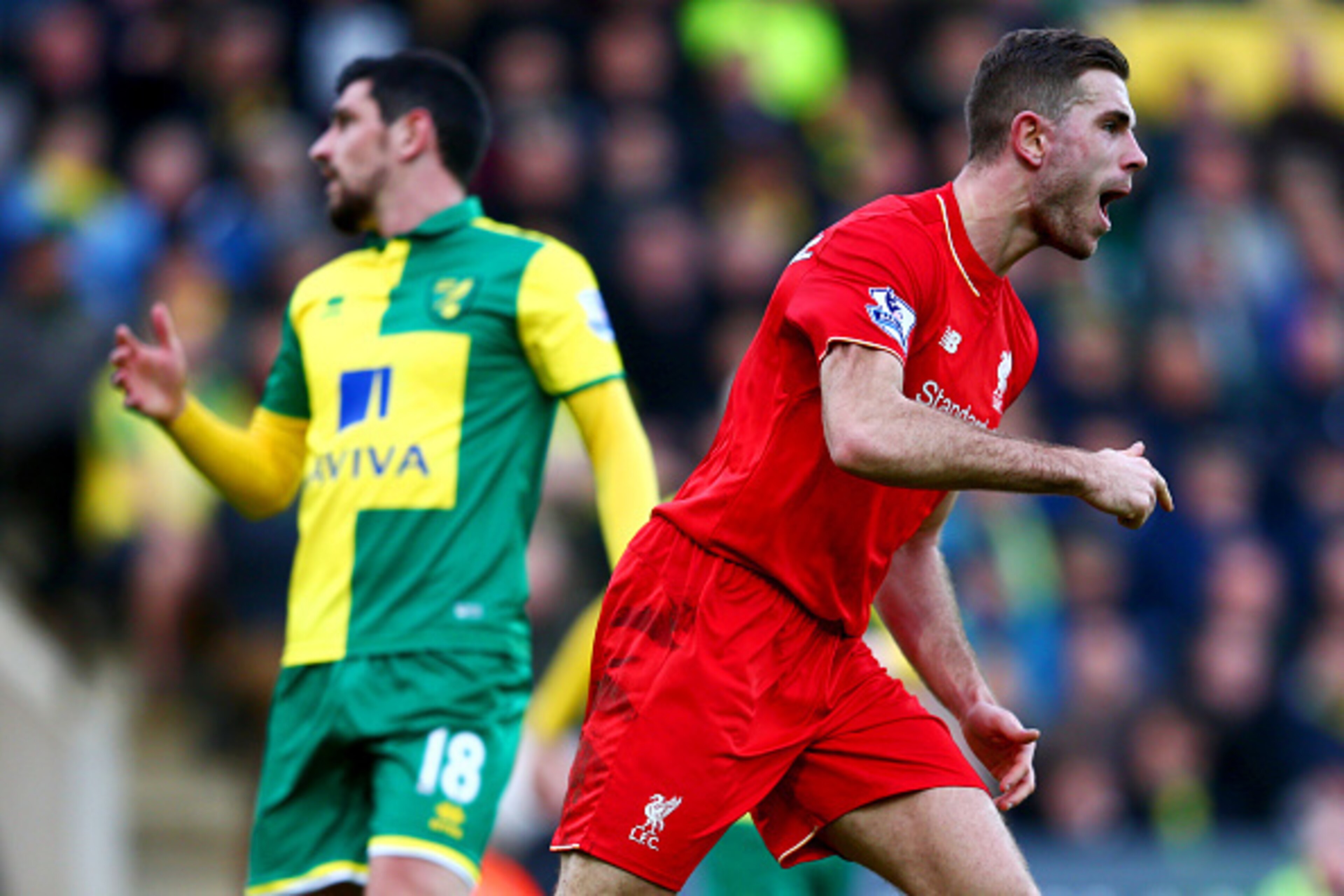 NORWICH, ENGLAND - JANUARY 23: Jordan Henderson of Liverpool celebrates scoring his team's second goal during the Barclays Premier League match between Norwich City and Liverpool at Carrow Road on January 23, 2016 in Norwich, England. (Photo by Clive Mas NORWICH, ENGLAND - JANUARY 23: Jordan Henderson of Liverpool celebrates scoring his team's second goal during the Barclays Premier League match between Norwich City and Liverpool at Carrow Road on January 23, 2016 in Norwich, England. (Photo by Clive Mas