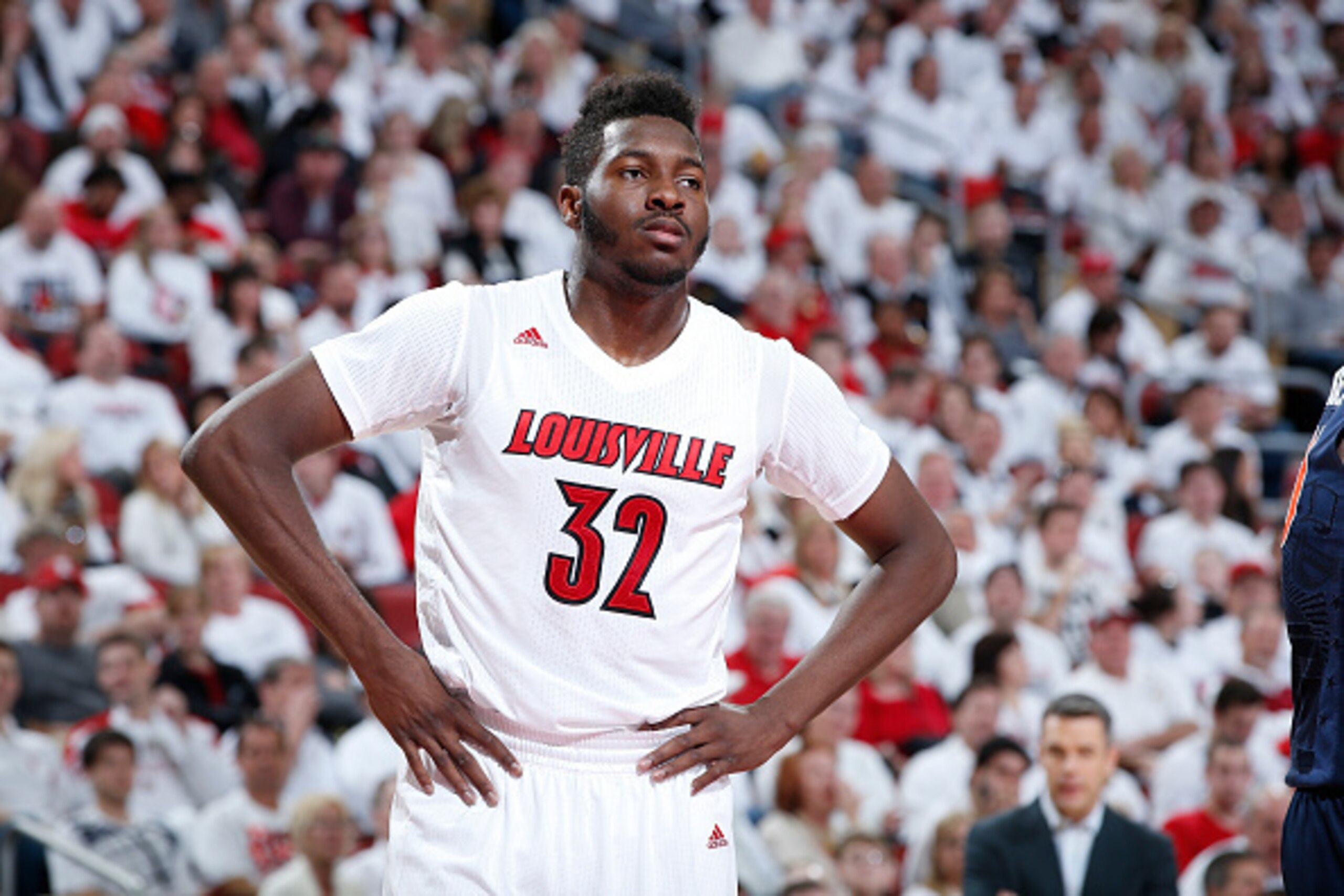LOUISVILLE, KY - JANUARY 30: Chinanu Onuaku #32 of the Louisville Cardinals looks on against the Virginia Cavaliers during the game at KFC Yum! Center on January 30, 2016 in Louisville, Kentucky. Virginia defeated Louisville 63-47. (Photo by Joe Robbins/G