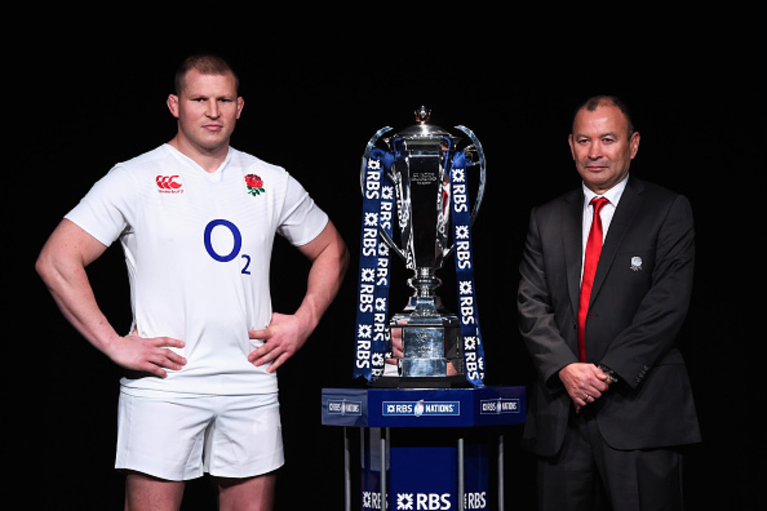 LONDON, ENGLAND - JANUARY 27:  Dylan Hartley, captain of England poses with head coach Eddie Jones and the trophy during the RBS Six Nations launch at The Hurlingham Club on January 27, 2016 in London, England.  (Photo by Stu Forster/Getty Images)