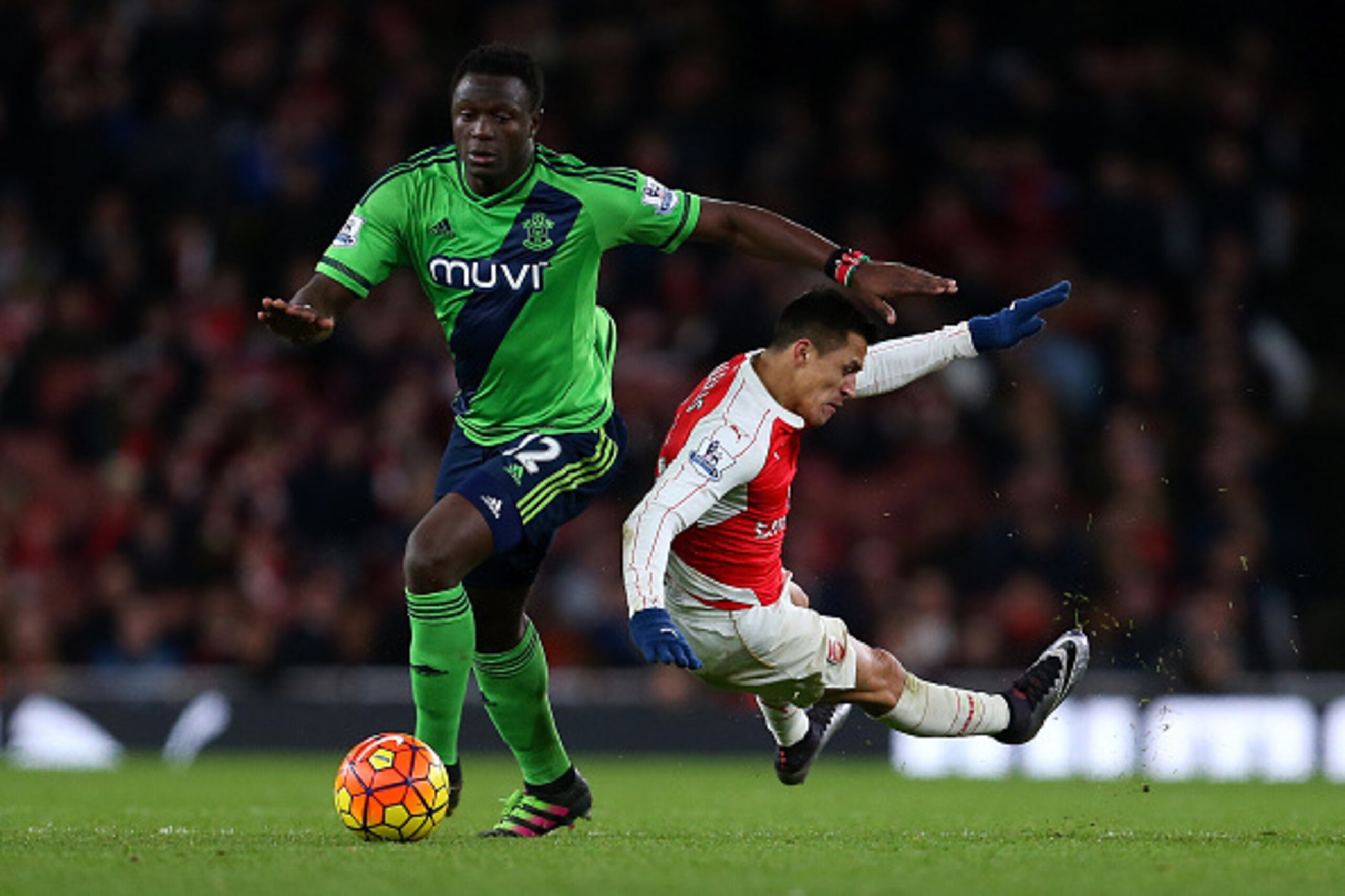 LONDON, ENGLAND - FEBRUARY 02 :  Victor Wanyama of Southampton and Alexis Sanchez of Arsenal during the Barclays Premier League match between Arsenal and Southampton at the Emirates Stadium on February 2, 2016 in London, England.  (Photo by Catherine Ivil