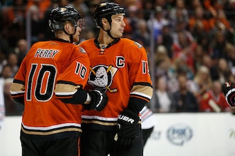 ANAHEIM, CA - NOVEMBER 27:  Corey Perry #10 of the Anaheim Ducks talks with Ryan Getzlaf #15 of the Anaheim Ducks during a game against the Chicago Blackhawks at Honda Center on November 27, 2015 in Anaheim, California.  (Photo by Sean M. Haffey/Getty Ima