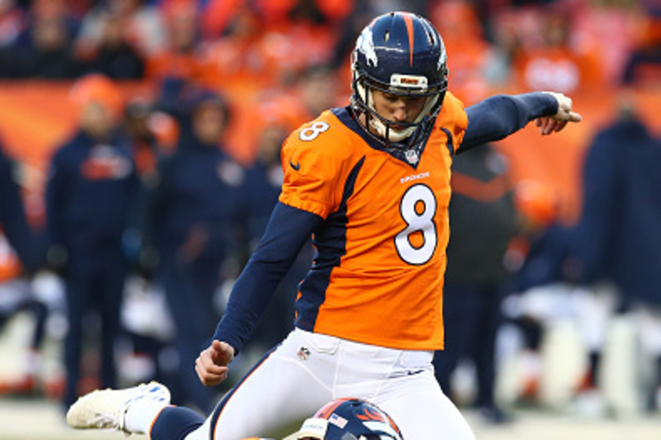 DENVER, CO - JANUARY 17: Brandon McManus #8 of the Denver Broncos kicks during the game against the Pittsburgh Steelers at Sports Authority Field At Mile High on January 17, 2016 in Denver, Colorado. The Broncos defeated the Steelers 23-16. (Photo by Rob DENVER, CO - JANUARY 17: Brandon McManus #8 of the Denver Broncos kicks during the game against the Pittsburgh Steelers at Sports Authority Field At Mile High on January 17, 2016 in Denver, Colorado. The Broncos defeated the Steelers 23-16. (Photo by Rob