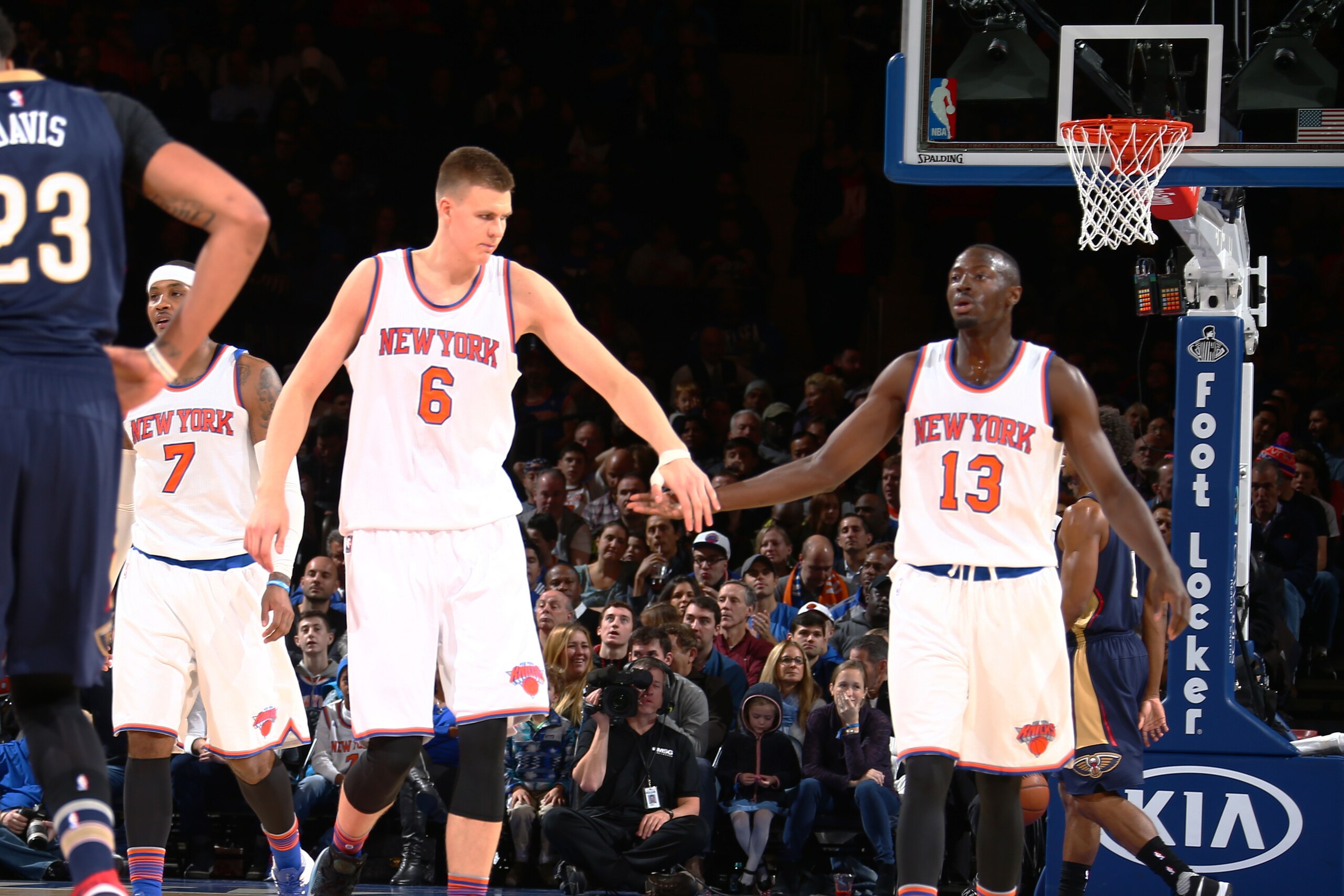 NEW YORK, NY - NOVEMBER 15: Kristaps Porzingis #6 high fives Jerian Grant #13 of the New York Knicks during the game against the New Orleans Pelicans on November 15, 2015 at Madison Square Garden in New York, New York. NOTE TO USER: User expressly acknowl NEW YORK, NY - NOVEMBER 15: Kristaps Porzingis #6 high fives Jerian Grant #13 of the New York Knicks during the game against the New Orleans Pelicans on November 15, 2015 at Madison Square Garden in New York, New York. NOTE TO USER: User expressly acknowl