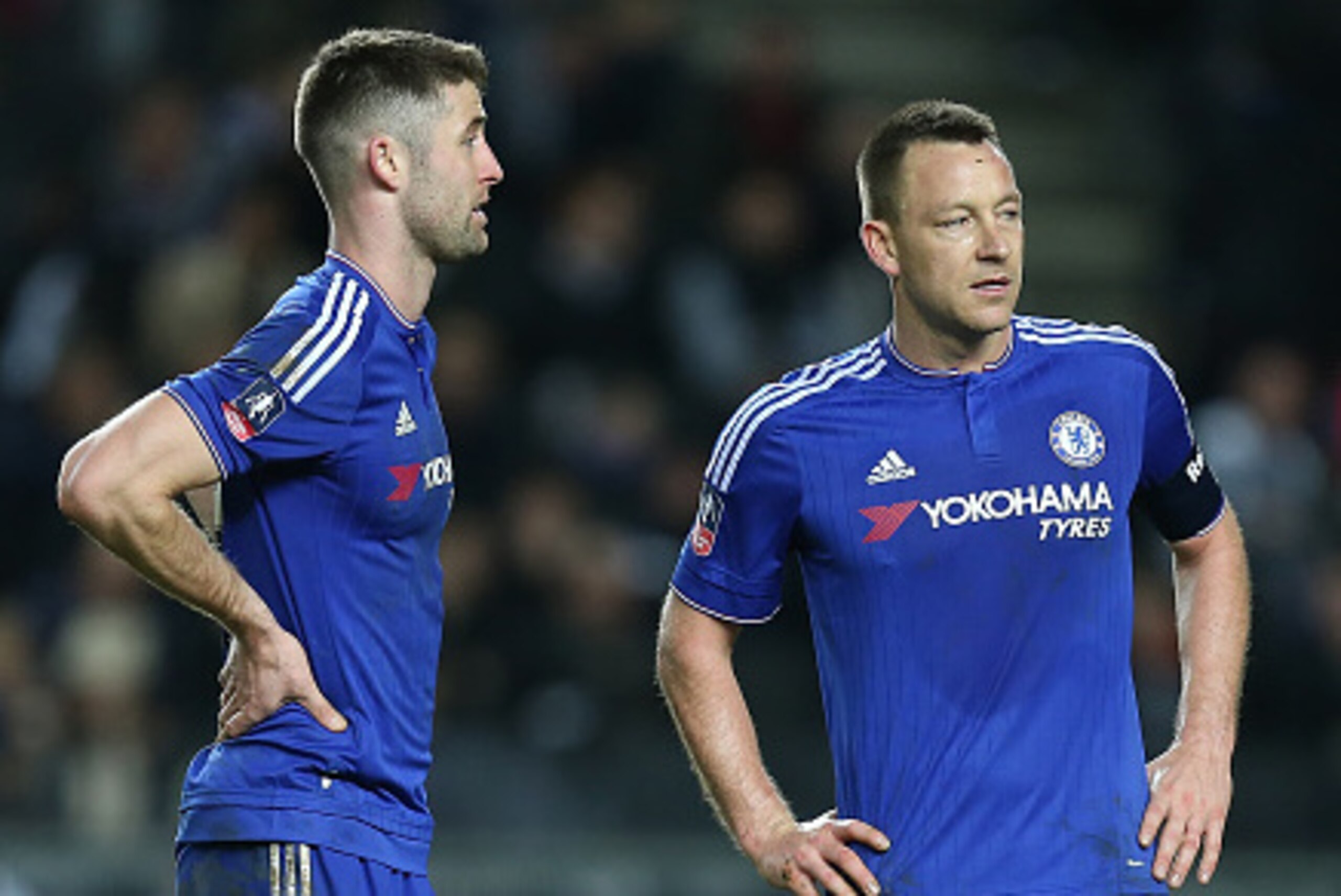 MILTON KEYNES, ENGLAND - JANUARY 31:  John Terry (r) and Gary Cahill of Chelsea look on during The Emirates FA Cup Fourth Round match between Milton Keynes Dons and Chelsea at Stadium mk on January 31, 2016 in Milton Keynes, England.  (Photo by Pete Norto