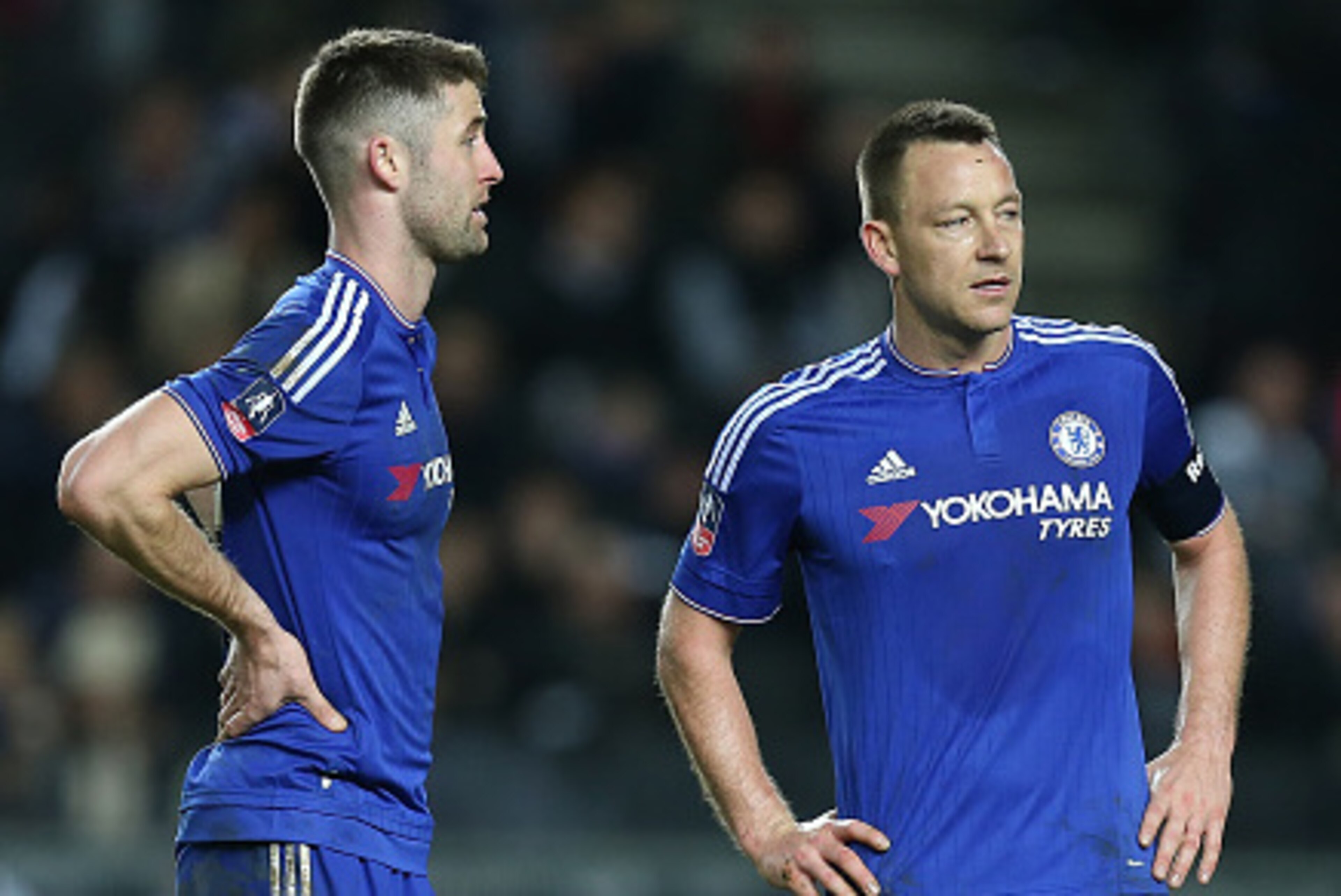 MILTON KEYNES, ENGLAND - JANUARY 31:  John Terry (r) and Gary Cahill of Chelsea look on during The Emirates FA Cup Fourth Round match between Milton Keynes Dons and Chelsea at Stadium mk on January 31, 2016 in Milton Keynes, England.  (Photo by Pete Norto