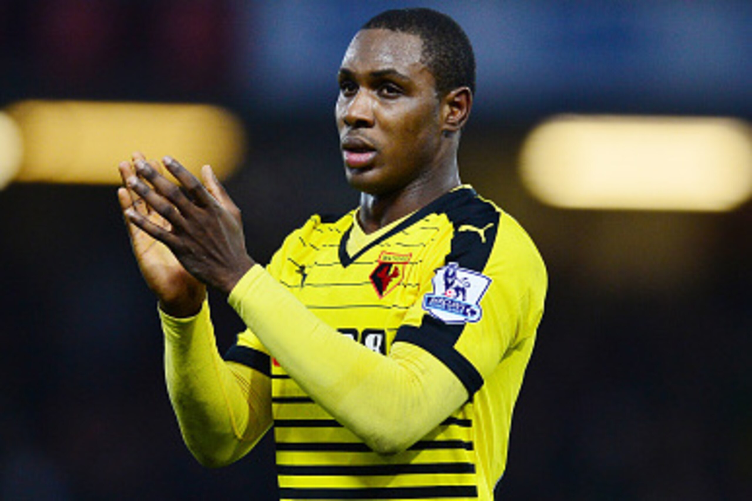 WATFORD, ENGLAND - JANUARY 23: Odion Ighalo of Watford applauds the supporters after the Barclays Premier League match between Watford and Newcastle United at Vicarage Road on January 23, 2016 in Watford, England  (Photo by Dan Mullan/Getty Images)