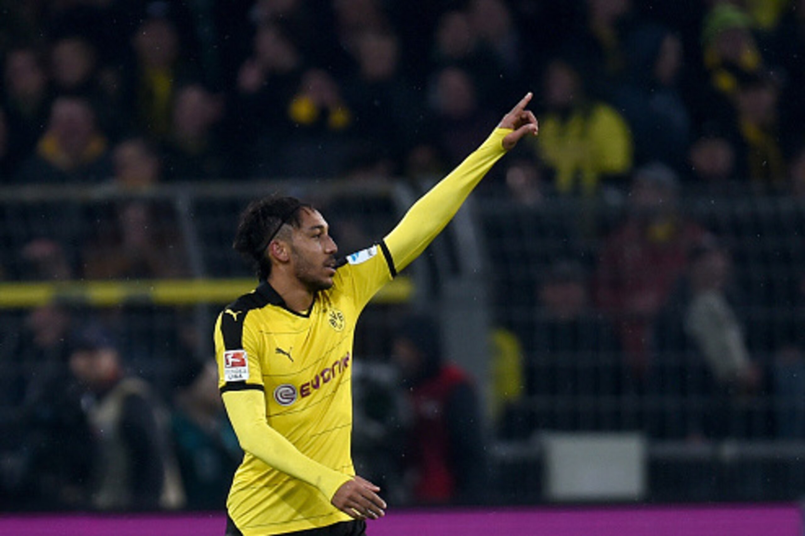Dortmund's Gabonese striker Pierre-Emerick Aubameyang celebrates during the German first division Bundesliga football match of Borussia Dortmund vs FC Ingolstadt 04 in Dortmund, western Germany, on January 30, 2016.
Dortmund won the match 2-0. / AFP / PA Dortmund's Gabonese striker Pierre-Emerick Aubameyang celebrates during the German first division Bundesliga football match of Borussia Dortmund vs FC Ingolstadt 04 in Dortmund, western Germany, on January 30, 2016.
Dortmund won the match 2-0. / AFP / PA