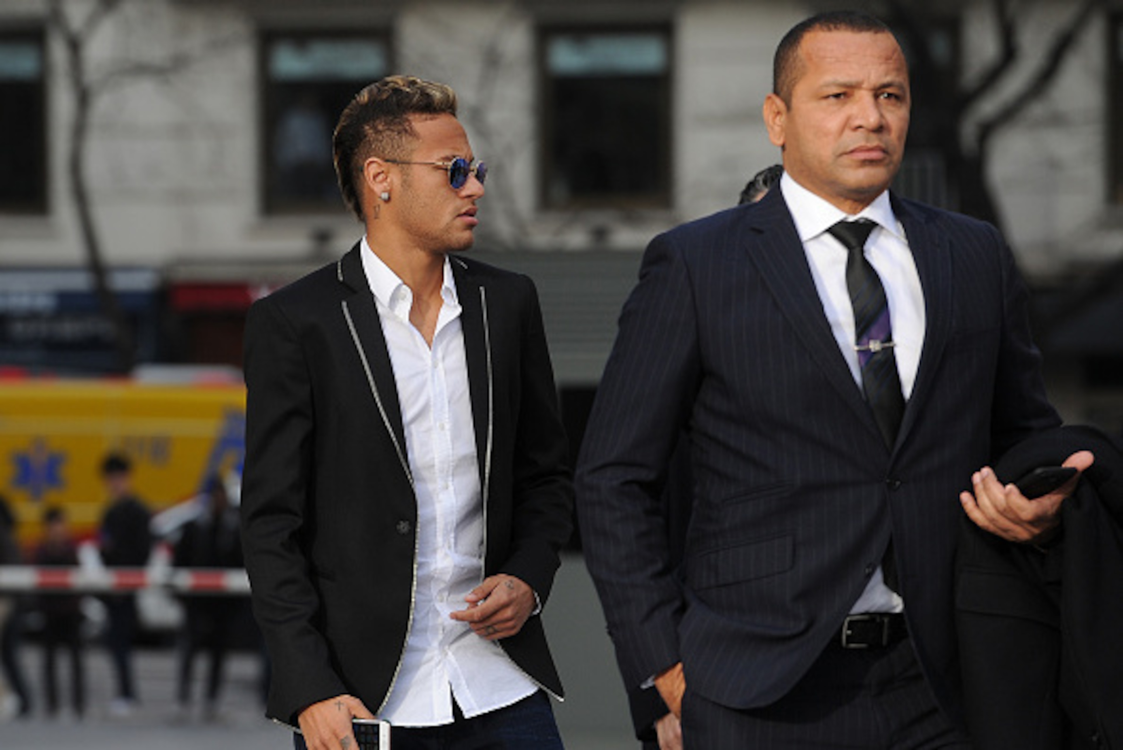 MADRID, SPAIN - FEBRUARY 02:  Neymar of FC Barcelona arrives at the National Court accompanied with his father Neymar da Silva Santos on February 2, 2016 in Madrid, Spain. Neymar is due to give evidence in over allegations of corruption and fraud surround