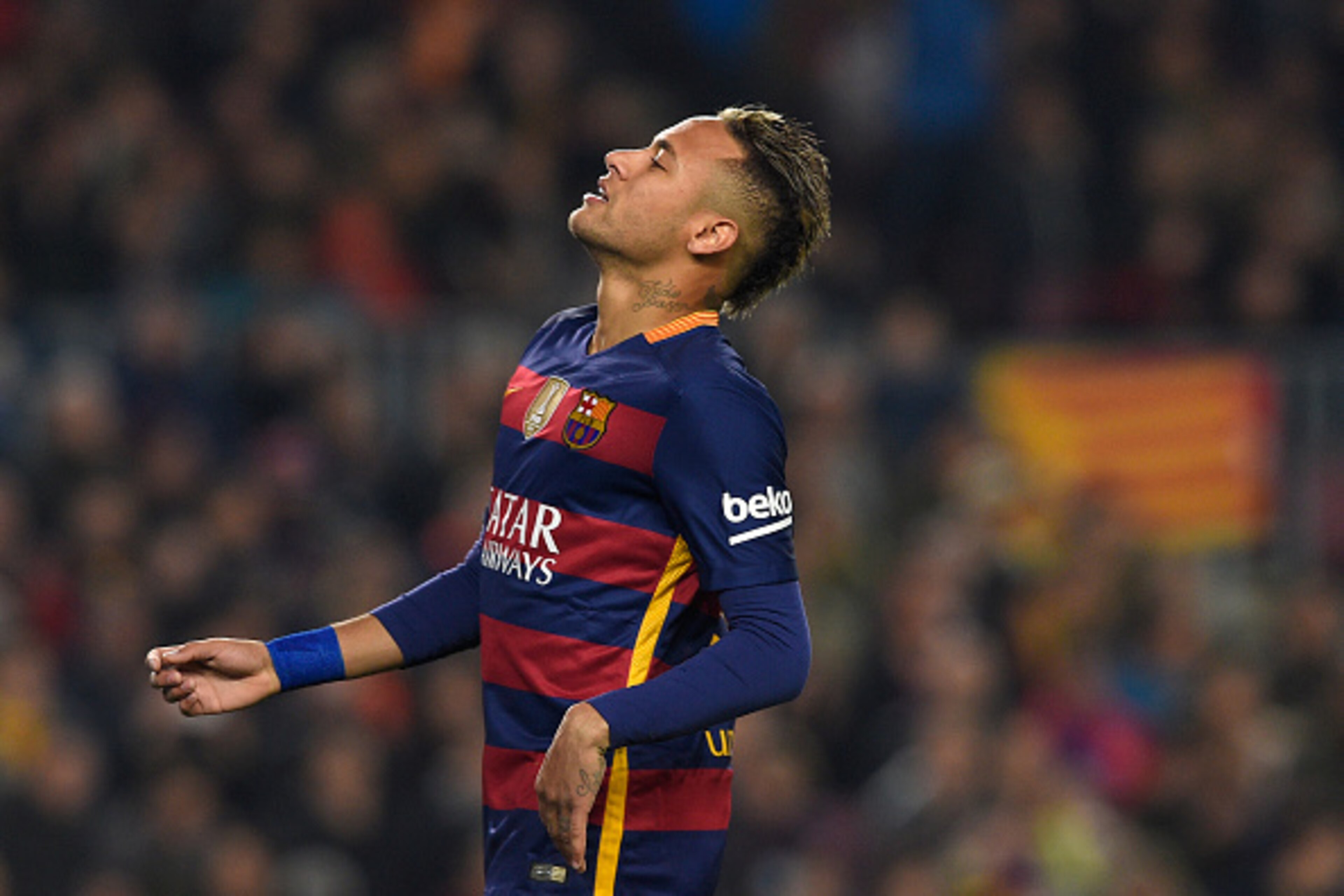 Barcelona's Brazilian forward Neymar gestures after missing an attempt on goal during the Spanish Copa del Rey (King's Cup) quarter-finals second leg football match FC Barcelona vs Athletic Club de Bilbao at Camp Nou stadium in Barcelona on January 27, 20