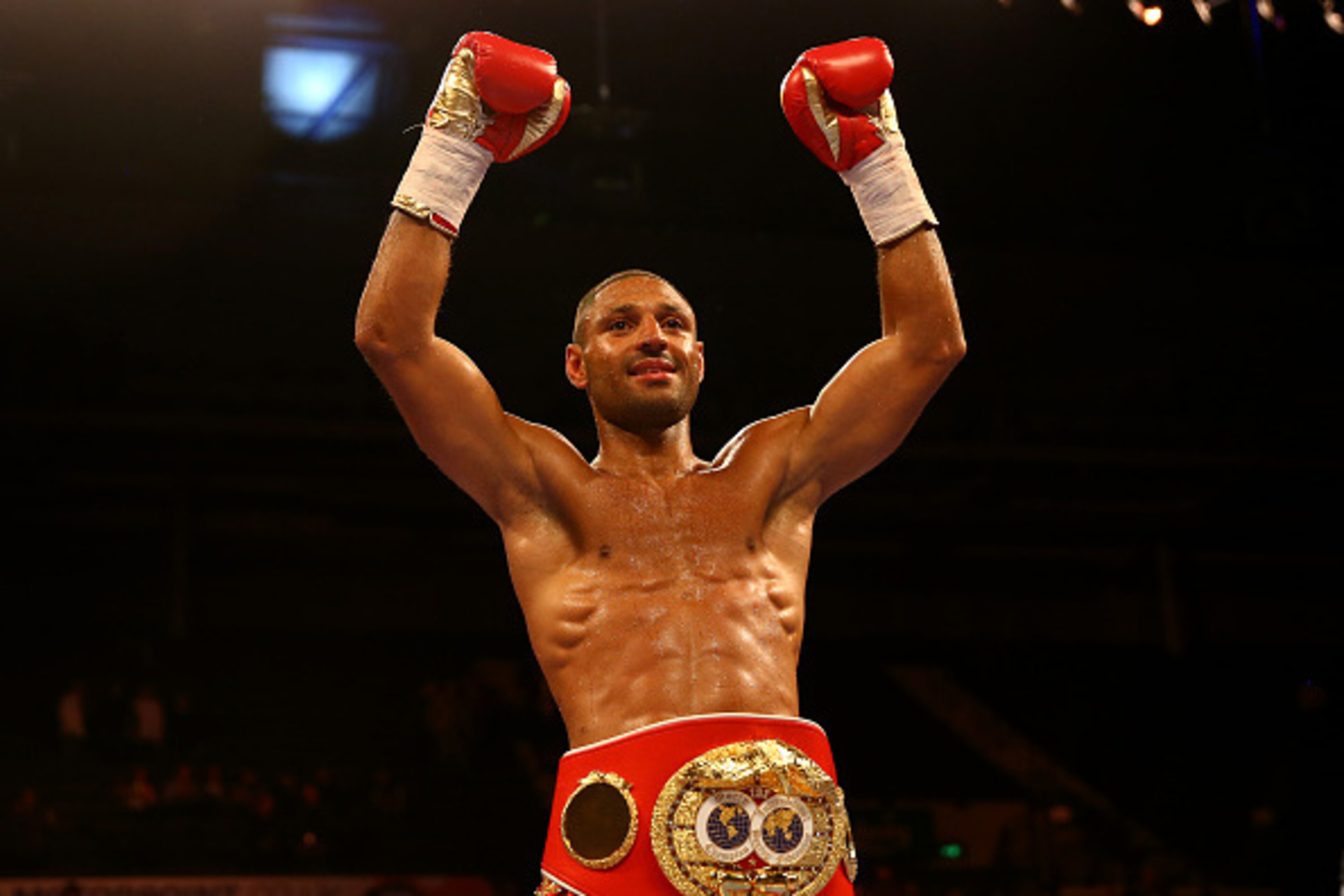 SHEFFIELD, ENGLAND - MARCH 28:  Kell Brook celebrates after beating Jo Jo Dan during their IBF World Welterweight Title Fight at the Motorpoint Arena on March 28, 2015 in Sheffield, England.  (Photo by Richard Heathcote/Getty Images)