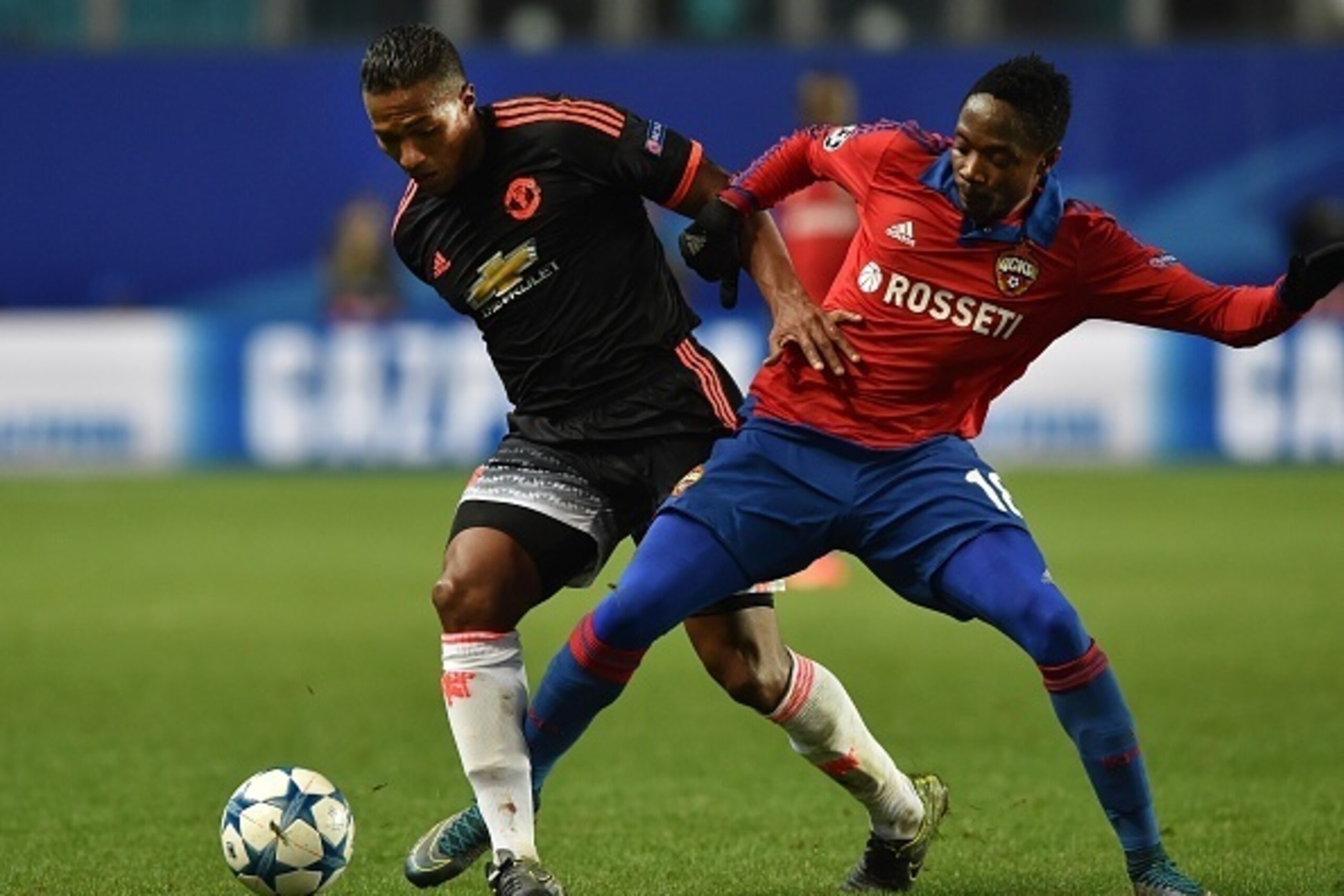 Manchester United's Ecuadorian midfielder Luis Antonio Valencia (L) vies for the ball with CSKA Moscow's Nigerian forward Ahmed Musa during the UEFA Champions League group B football match between PFC CSKA Moscow and FC Manchester United at the Arena Khim Manchester United's Ecuadorian midfielder Luis Antonio Valencia (L) vies for the ball with CSKA Moscow's Nigerian forward Ahmed Musa during the UEFA Champions League group B football match between PFC CSKA Moscow and FC Manchester United at the Arena Khim