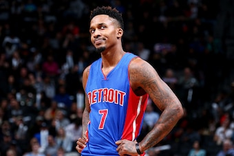 BROOKLYN, NY - FEBRUARY 1: Brandon Jennings #7 of the Detroit Pistons is seen during the game against the Brooklyn Nets on February 1, 2016 at Barclays Center in Brooklyn, New York. NOTE TO USER: User expressly acknowledges and agrees that, by downloading