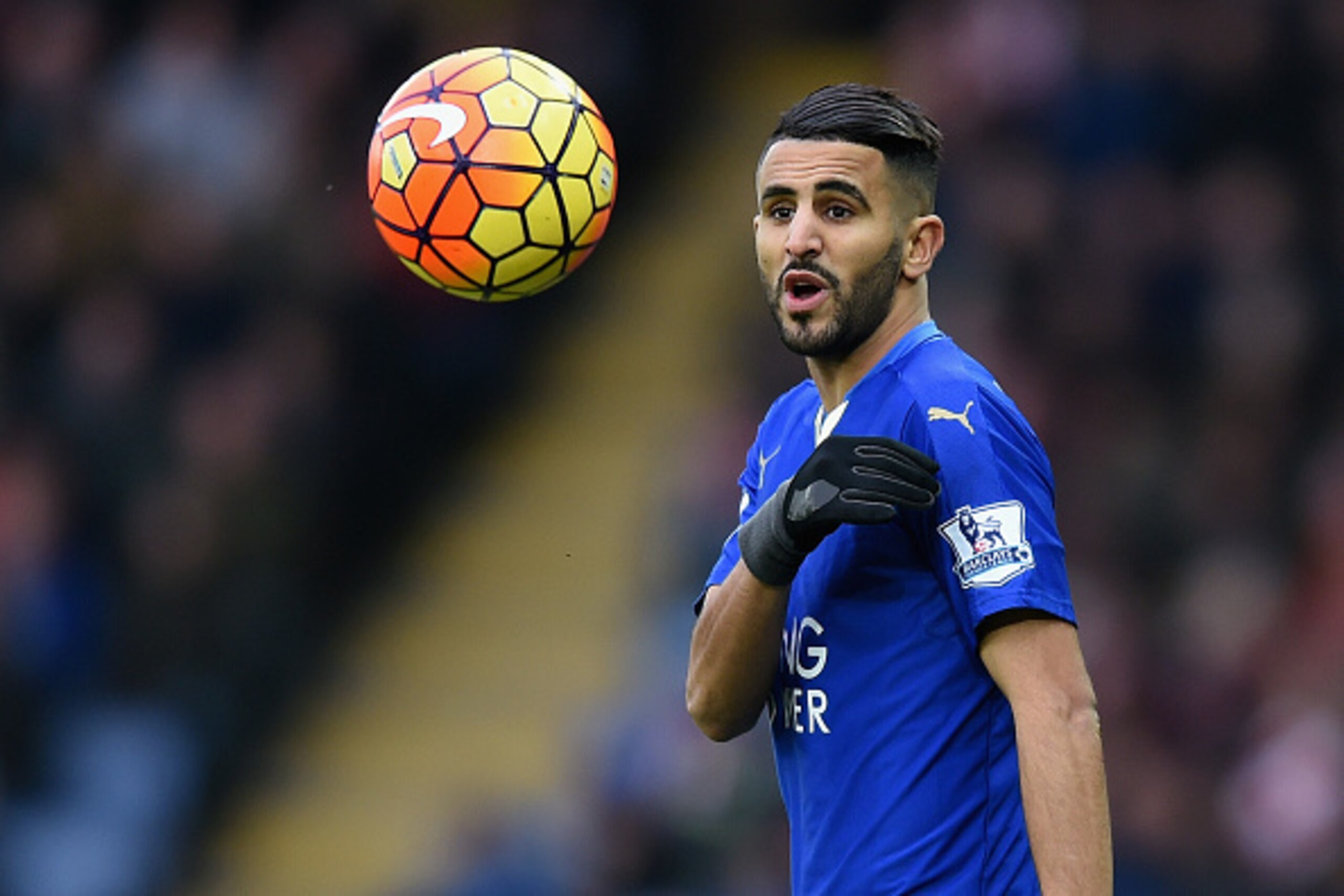 LEICESTER, ENGLAND - JANUARY 23: Riyad Mahrez of Leicester looks on during the Barclays Premier League match between Leicester City and Stoke City at  (Photo by Michael Regan/Getty Images)