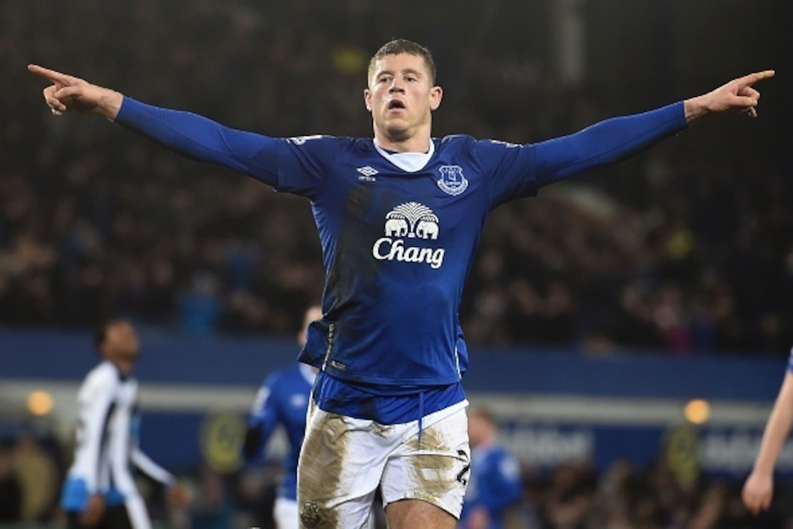 Everton's English midfielder Ross Barkley celebrates scoring their third goal from their second penalty during the English Premier League football match between Everton and Newcastle United at Goodison Park in Liverpool, north west England on February 3, 