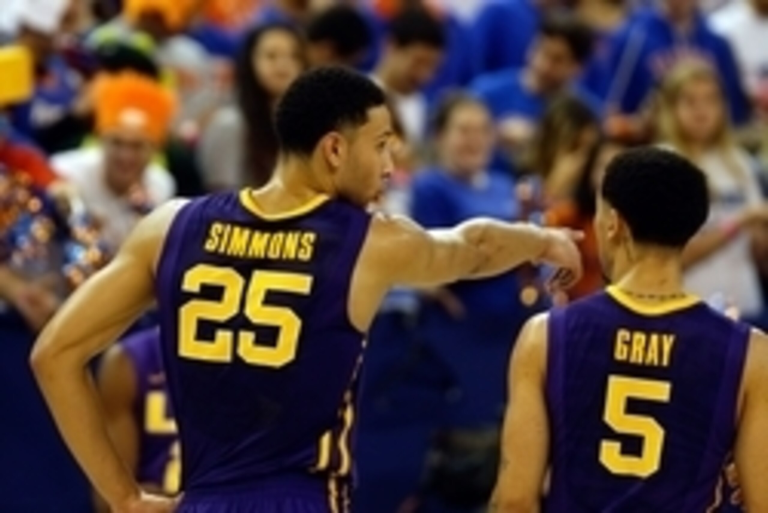 Jan 9, 2016; Gainesville, FL, USA; LSU Tigers forward Ben Simmons (25) and guard Josh Gray (5) talk against the Florida Gators during the first half at Stephen C. O'Connell Center. Mandatory Credit: Kim Klement-USA TODAY Sports