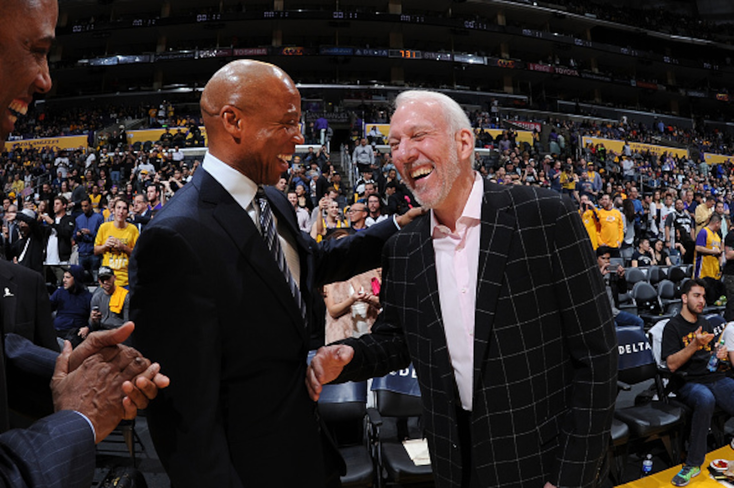 LOS ANGELES, CA - JANUARY 22: Los Angeles Lakers head coach, Byron Scott of the Los Angeles Lakers and San Antonio Spurs head coach, Gregg Popovich of the San Antonio Spurs and before the game on January 22, 2016 at STAPLES Center in Lost Angeles, Califor